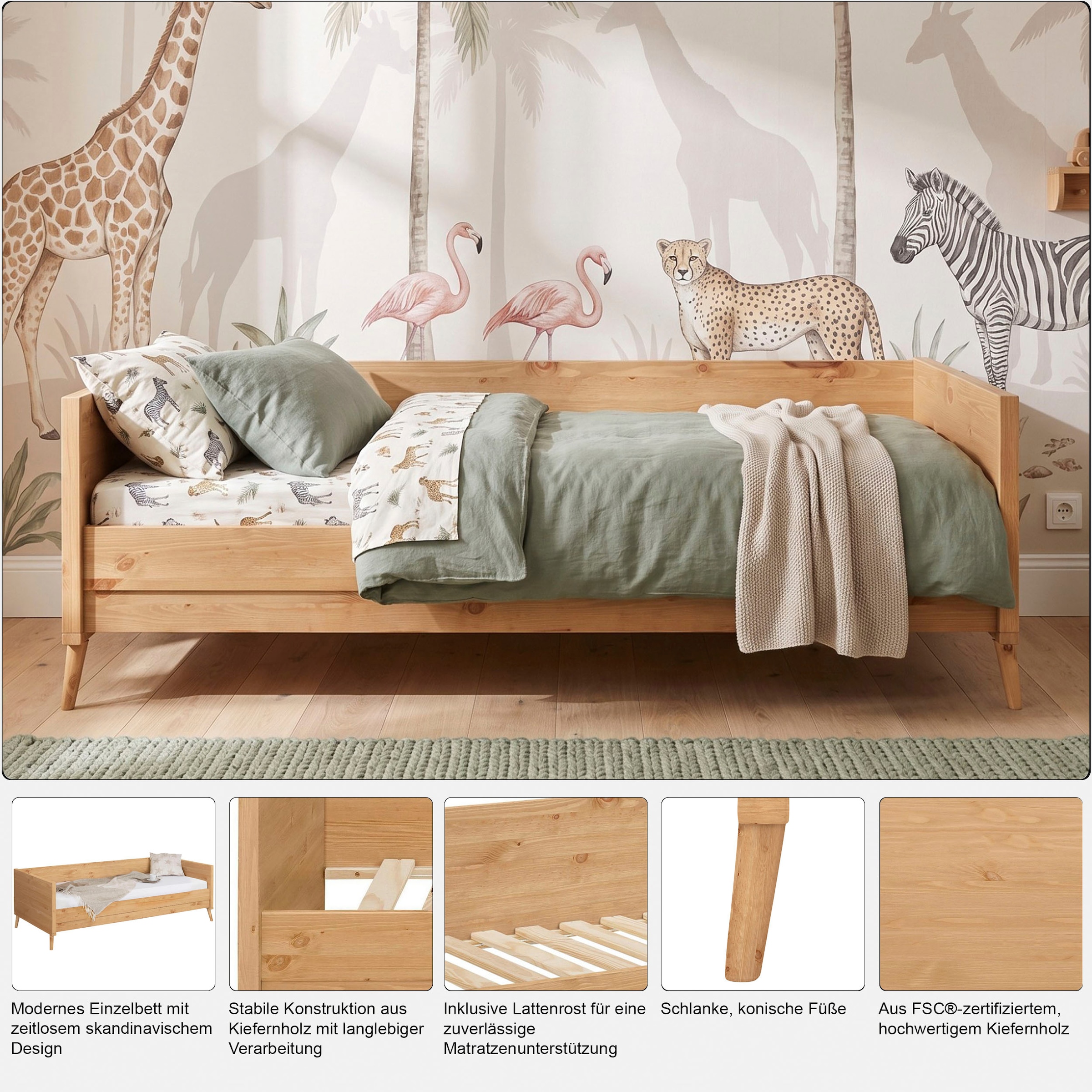 GOODproduct Jugendbett »Ellen« aus massivem Kiefernholz, in 2 verschiedenen Farben, mit Holzfüssen