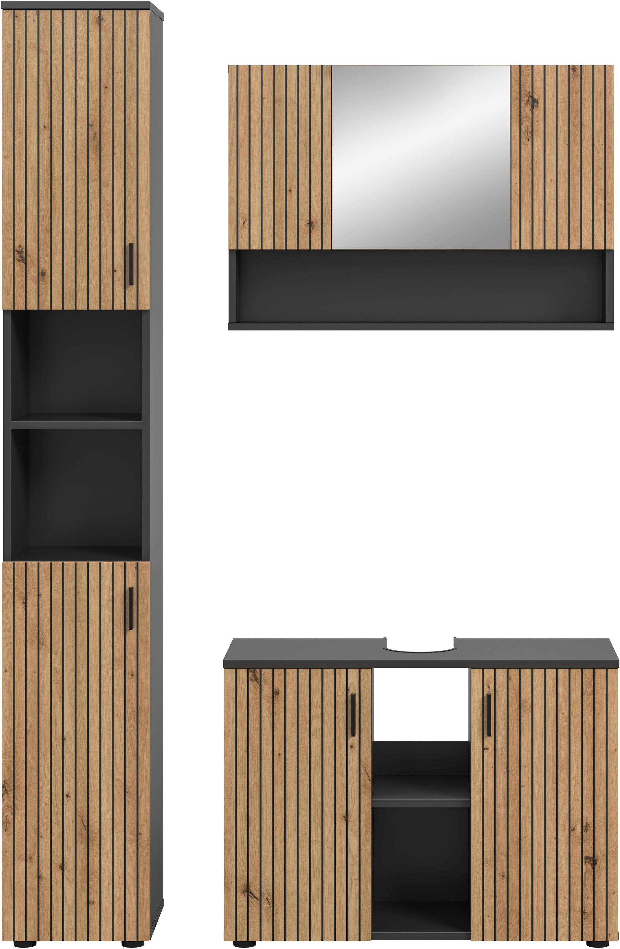 welltime Badmöbel-Set »MANI, 3-tlg. Badkombination, Paneeloptik« Set, Set, best, aus: 1Badschrank,1Spiegelschrank,1Waschbeckenunterschrank, 3 Stk. tlg.