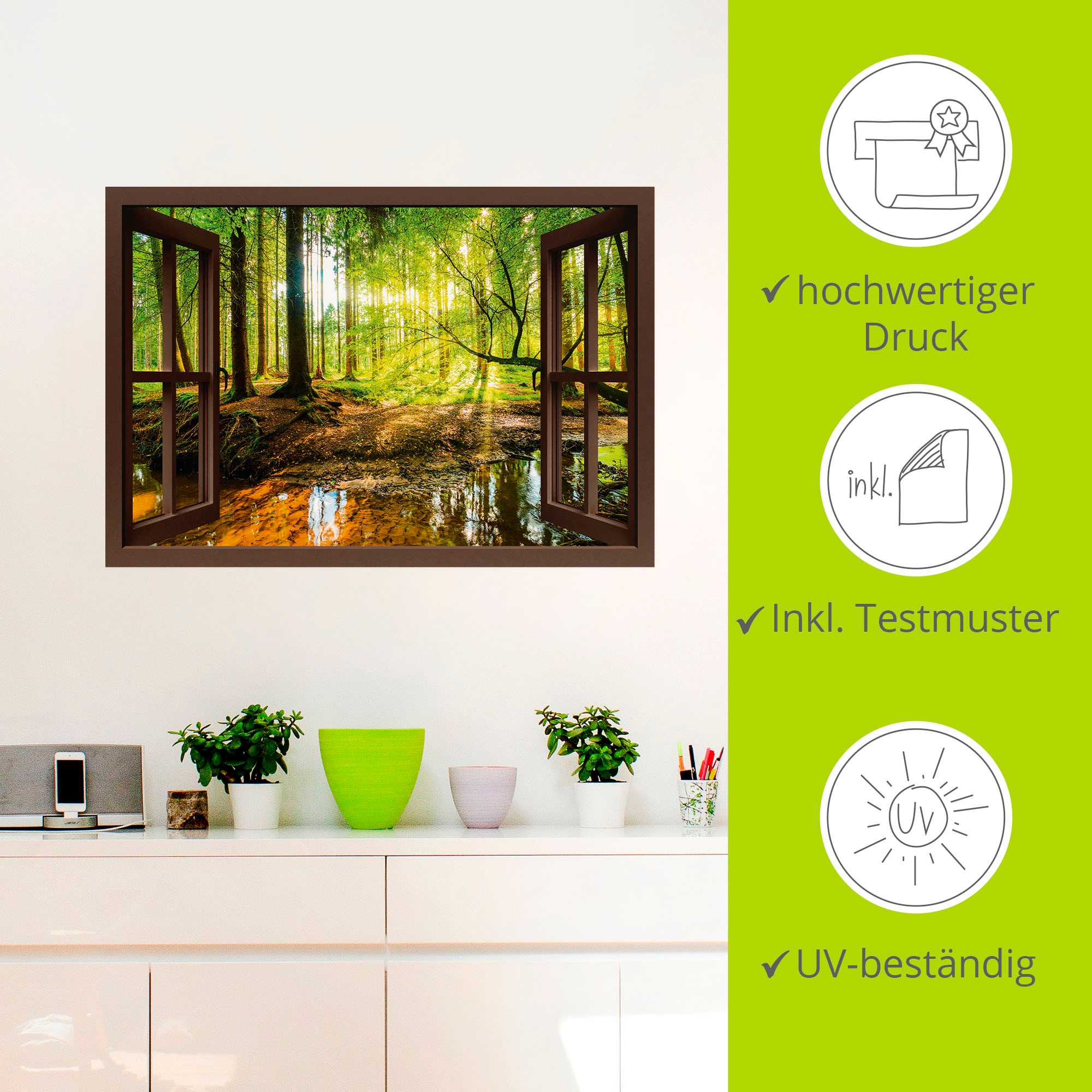 Artland Wandbild »Fensterblick - Wald mit Bach«, Wald, (1 St.), als Leinwandbild, Poster, Wandaufkleber in verschied. Grössen