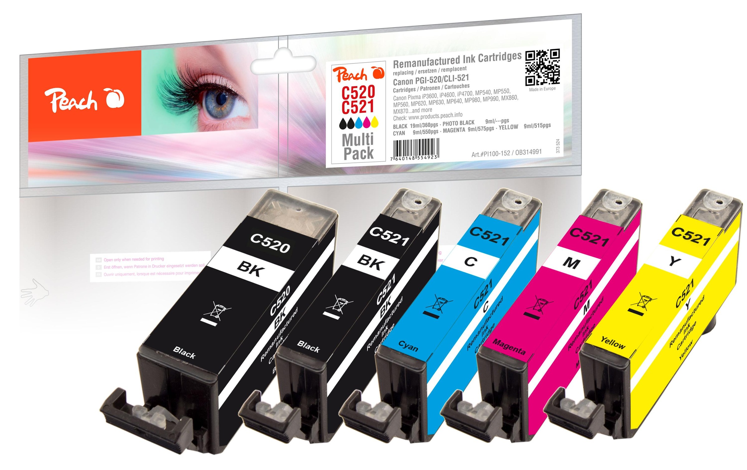 Peach Tintenpatrone »Canon PGI-520/CLI-521 Multi-Pack C, M, Y, 2x BK«, (5 St.)