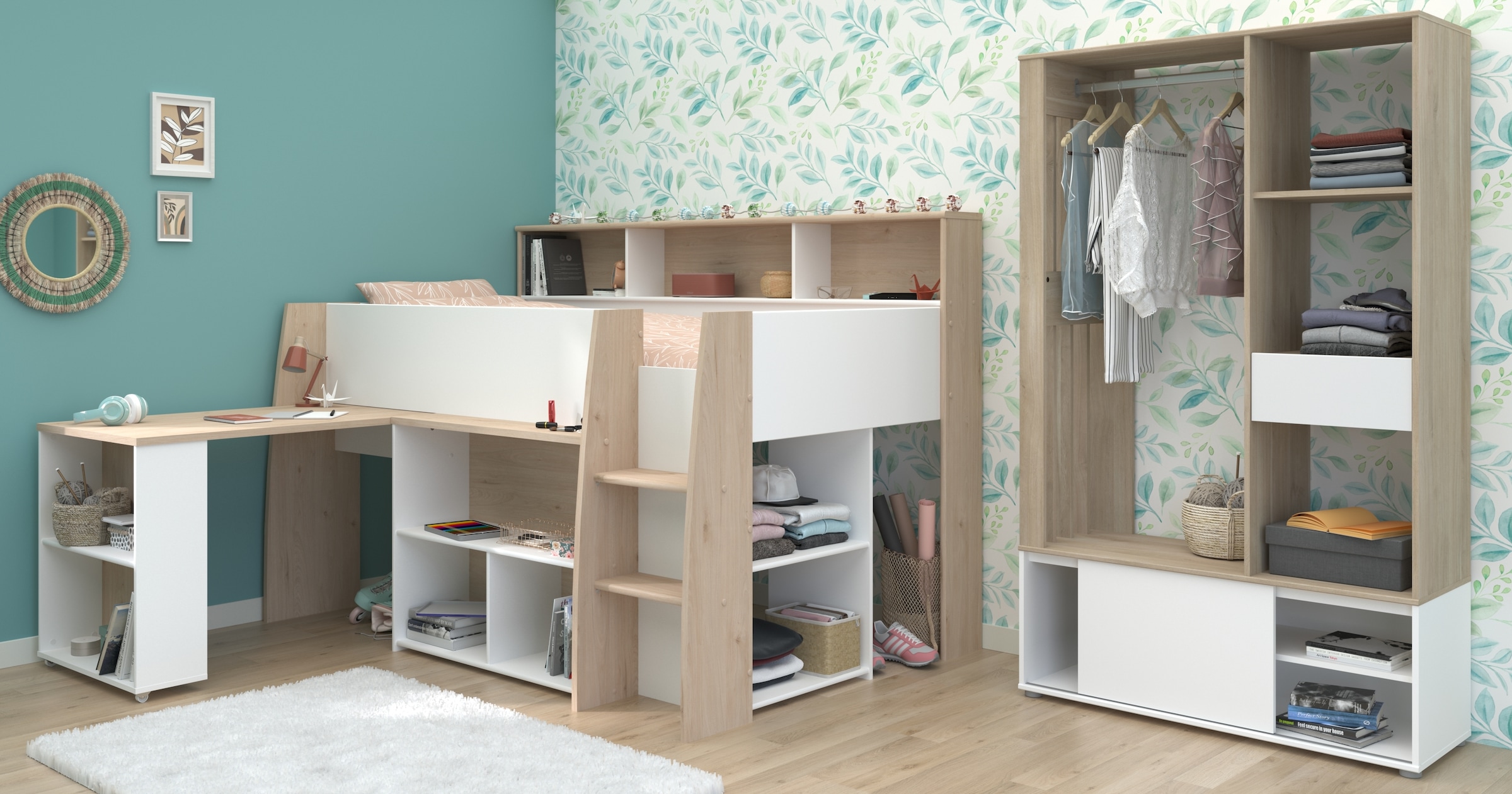 Parisot Jugendzimmer-Set »Parisot Lucas 11«, (2 tlg.), Schreibtisch ausziehbar, Kleiderschrank offen, Ablagen und Regale