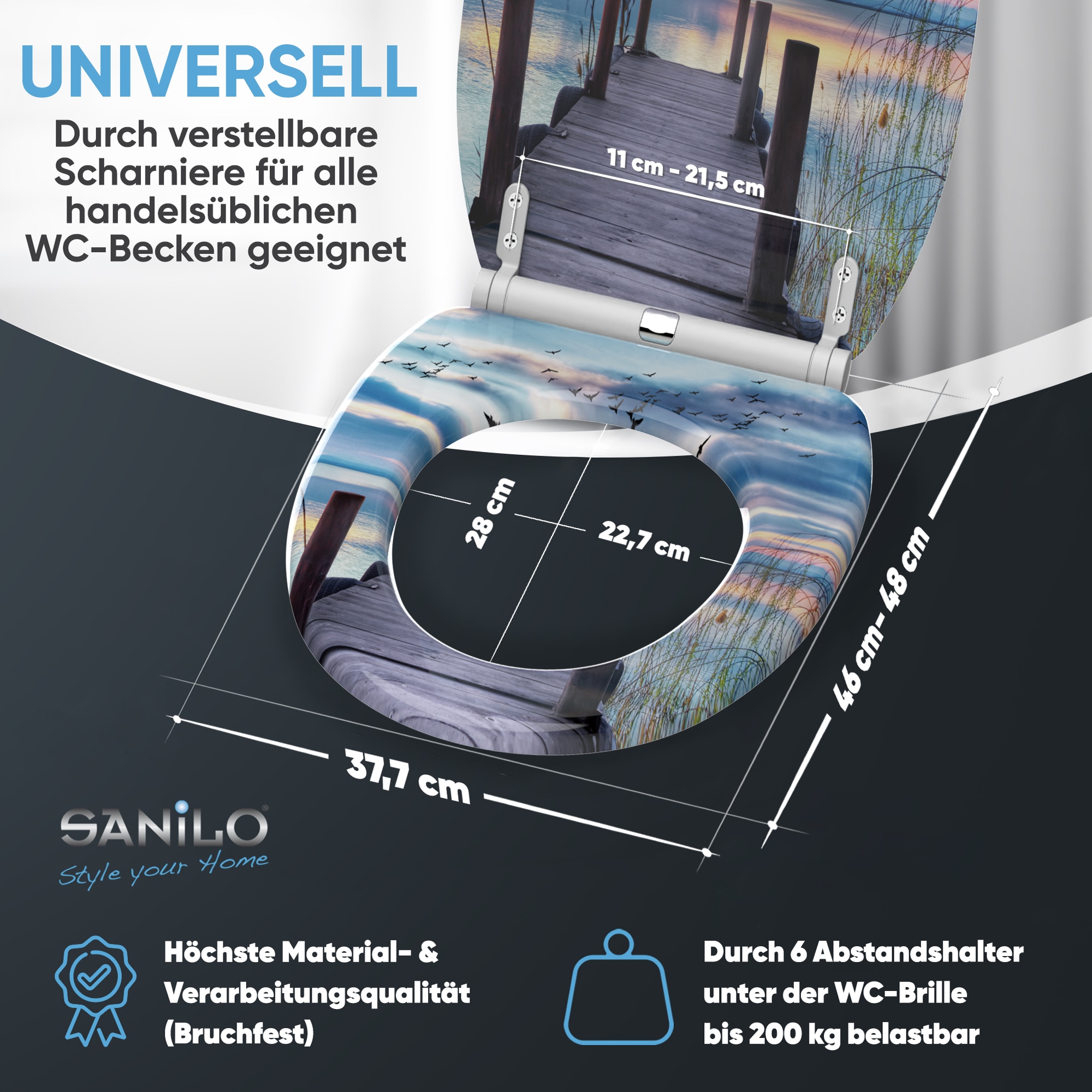 Sanilo Siège de WC »Sunset mit Absenkautomatik & Quick Release« Premium Toilettendeckel, abnehmbar, leichte Montage von oben