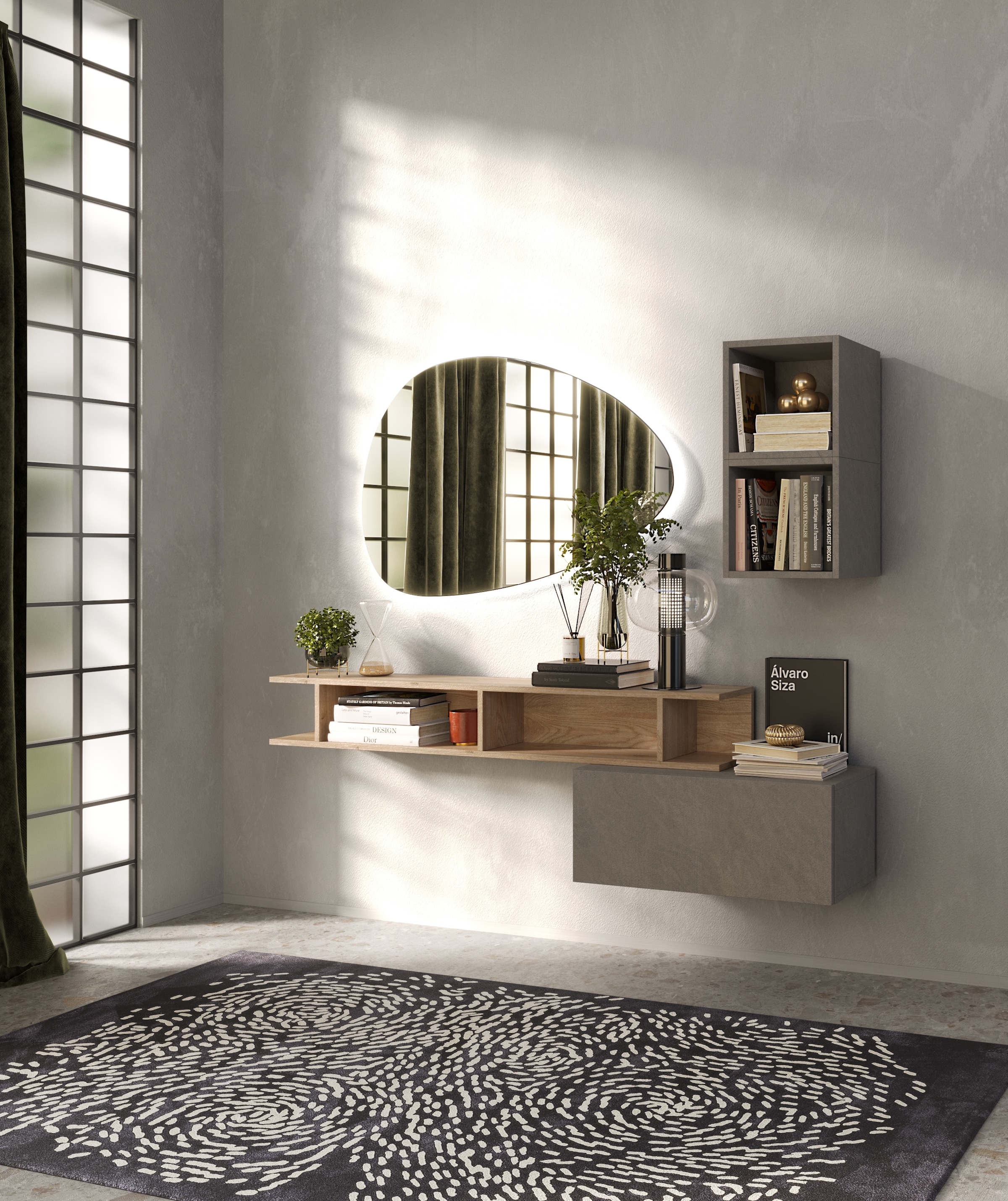 INOSIGN Garderoben-Set »INFINITY, 4tlg. Breite 150 cm, Höhe variabel, moderne Garderobe«, (Spar-Set, 4 St.), (Hängeschrank, Wandregal, Würfelregal 2er Set, Spiegel) Diele, Flur