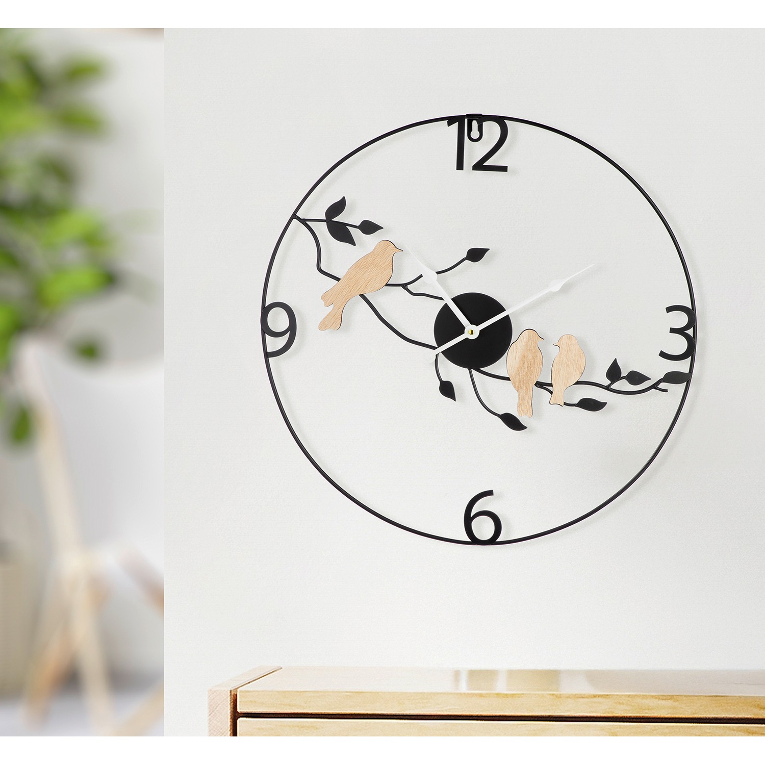GILDE Wanduhr »Wanduhr rund Vögel auf Ast schwarz H. 50 cm«