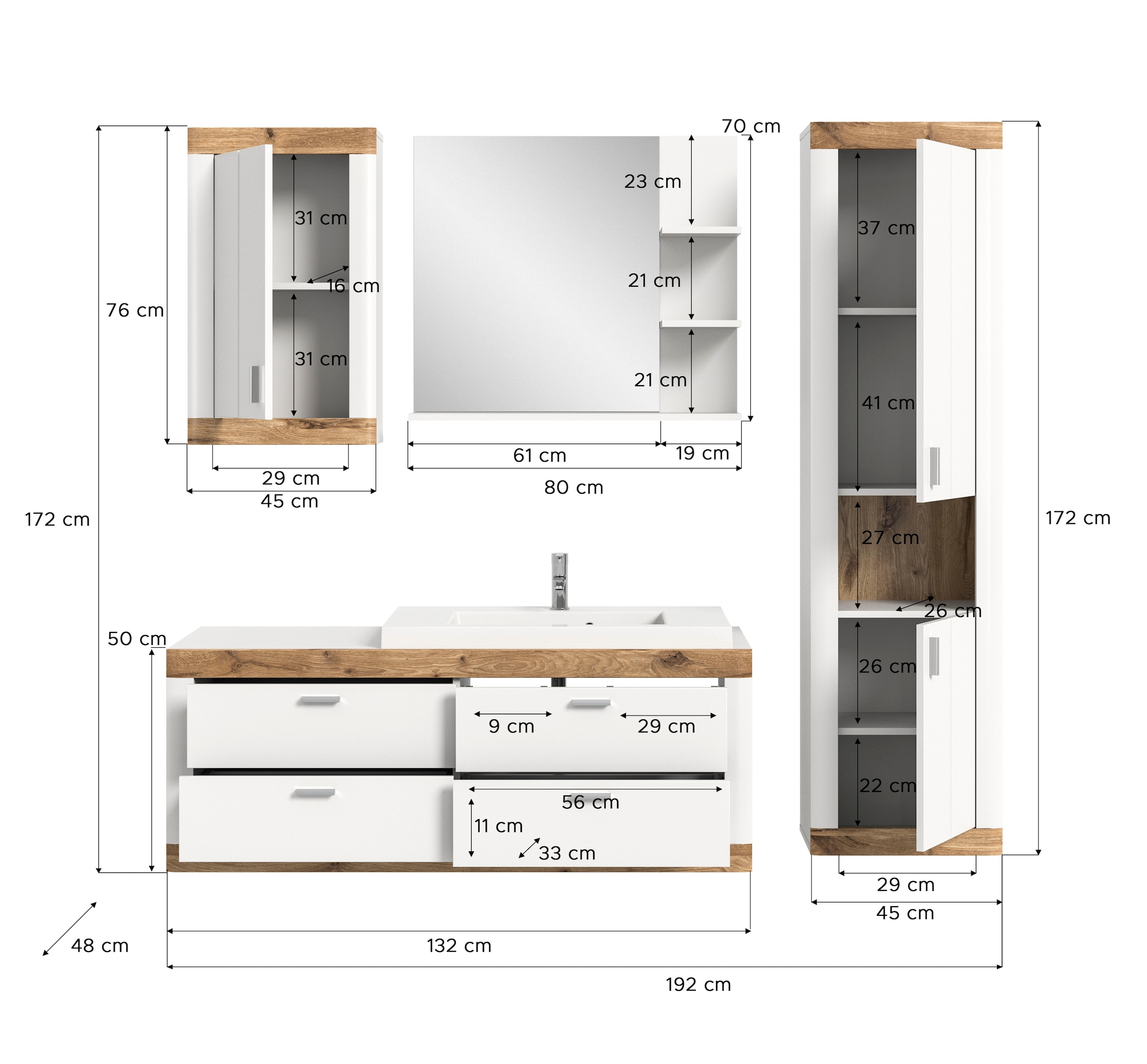 Home affaire Badmöbel-Set »Landsby, 4 teilig, inklusive Mineralguss-Waschbecken, bestehend aus:«, (Set, 4 St.), Waschtisch inkl. Waschbecken, Hängeschrank, Badspiegel, Hochschrank