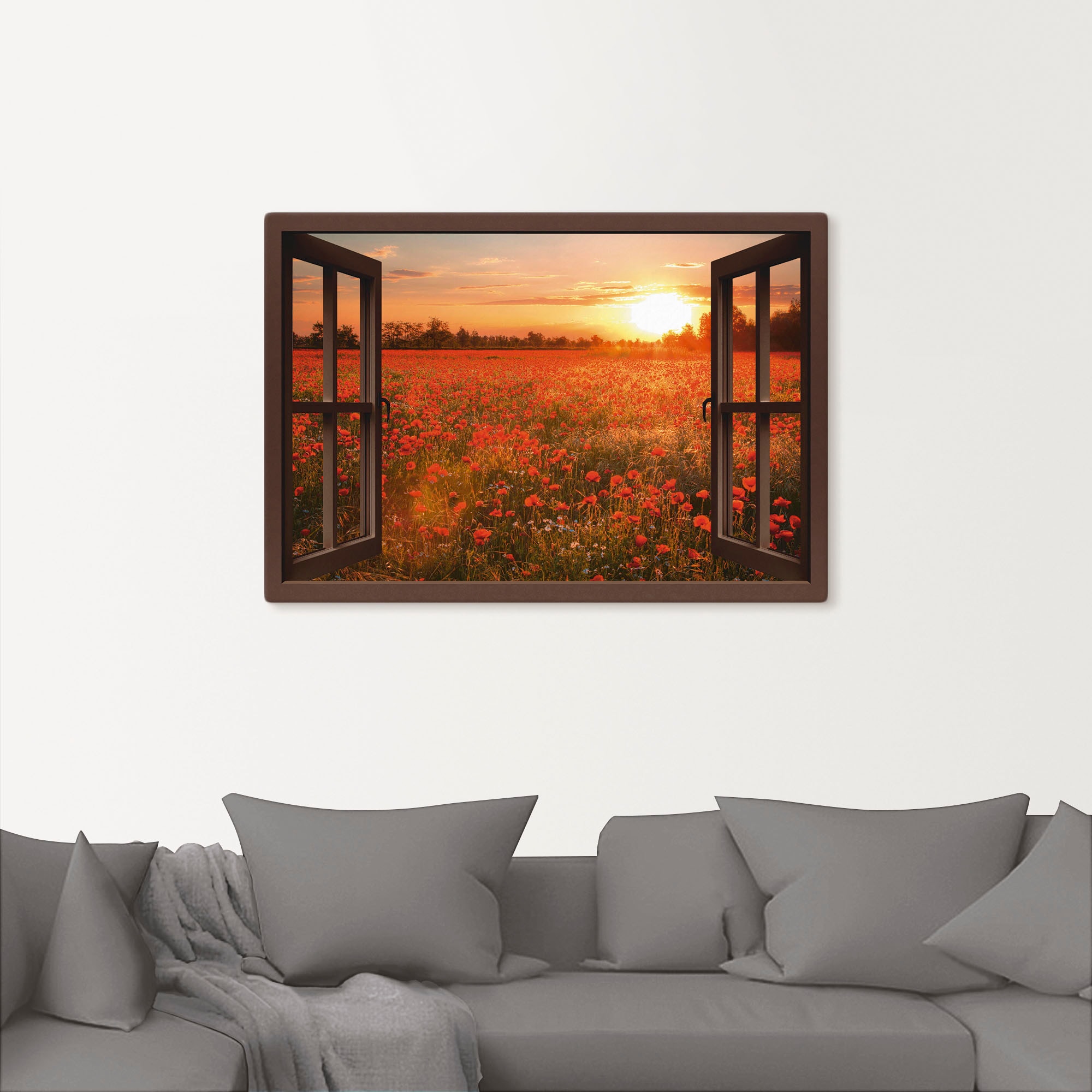 Artland Leinwandbild »Fensterblick Mohnblumenfeld - braun«, Blumen, (1 St.), auf Keilrahmen gespannt