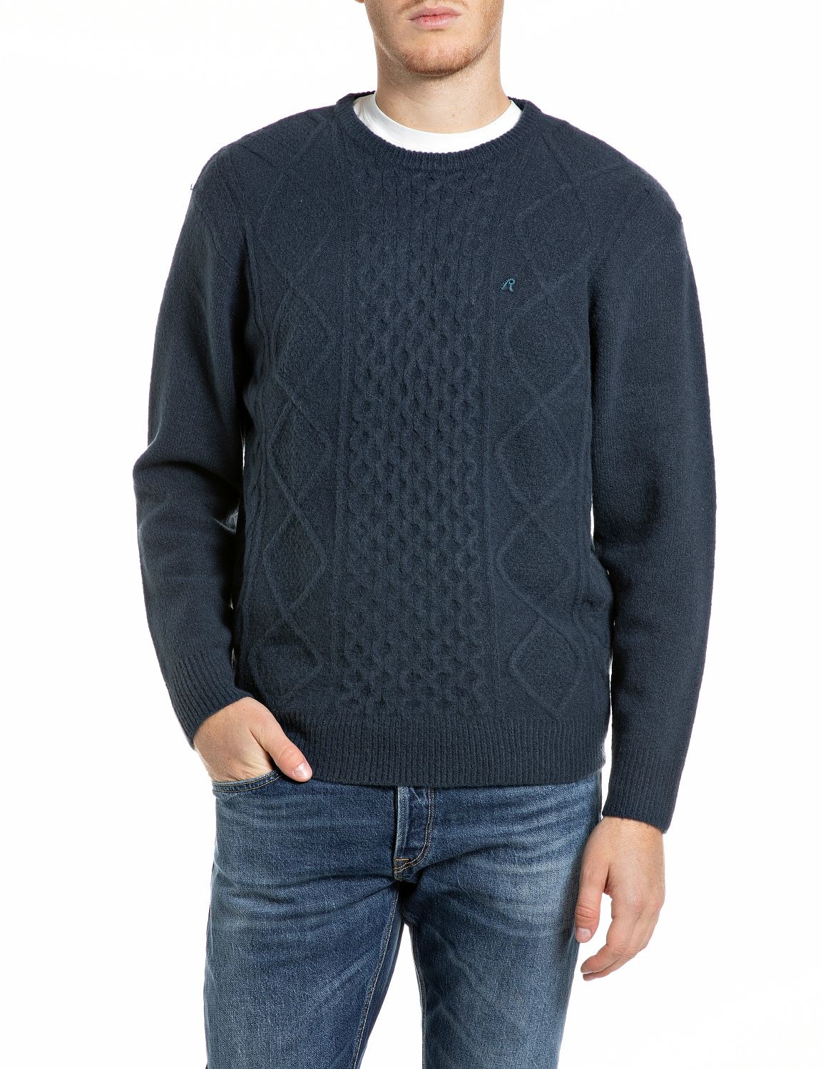Replay Strickpullover mit Zopfmuster, Materialmix