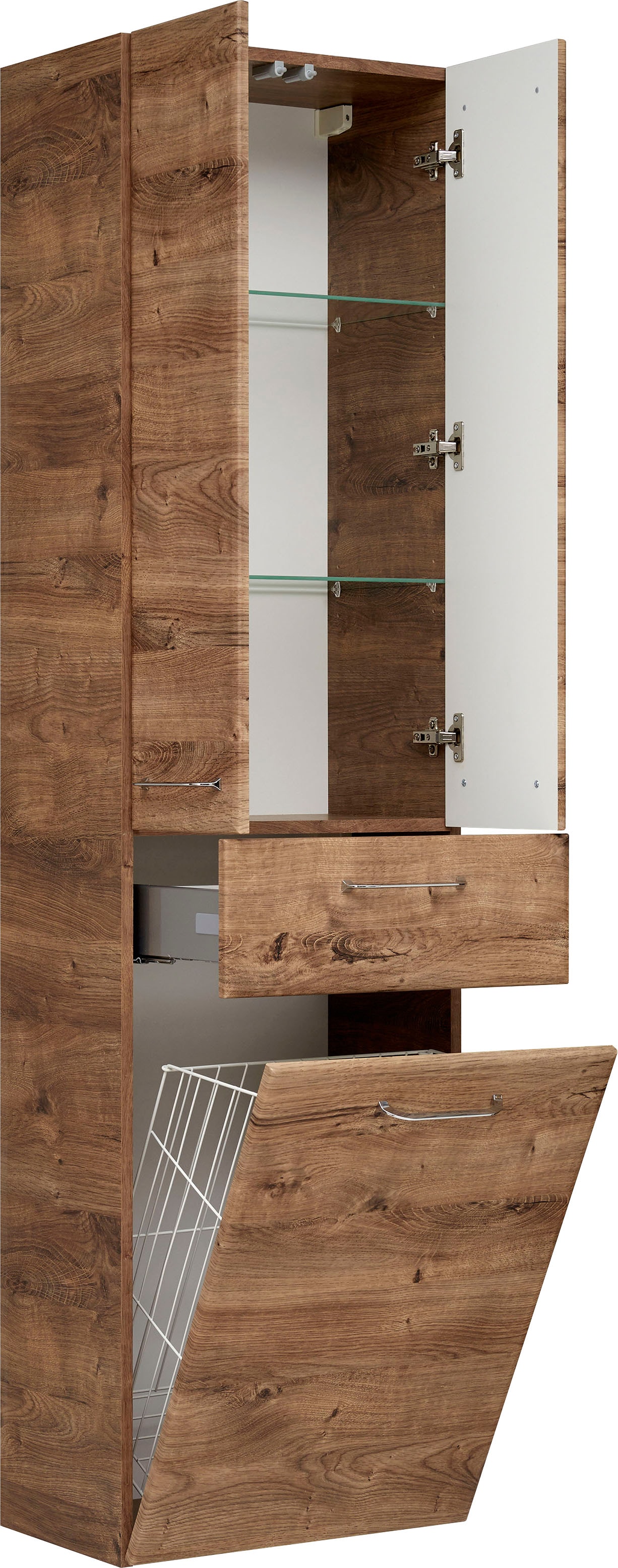 Image of Saphir Hochschrank "Quickset Badschrank 50 cm breit, 2 Türen, 1 Schublade, 1 Wäschekippe" Badezimmer-Hochschrank inkl. Türdämpfer, Griffe in Chrom glänzend