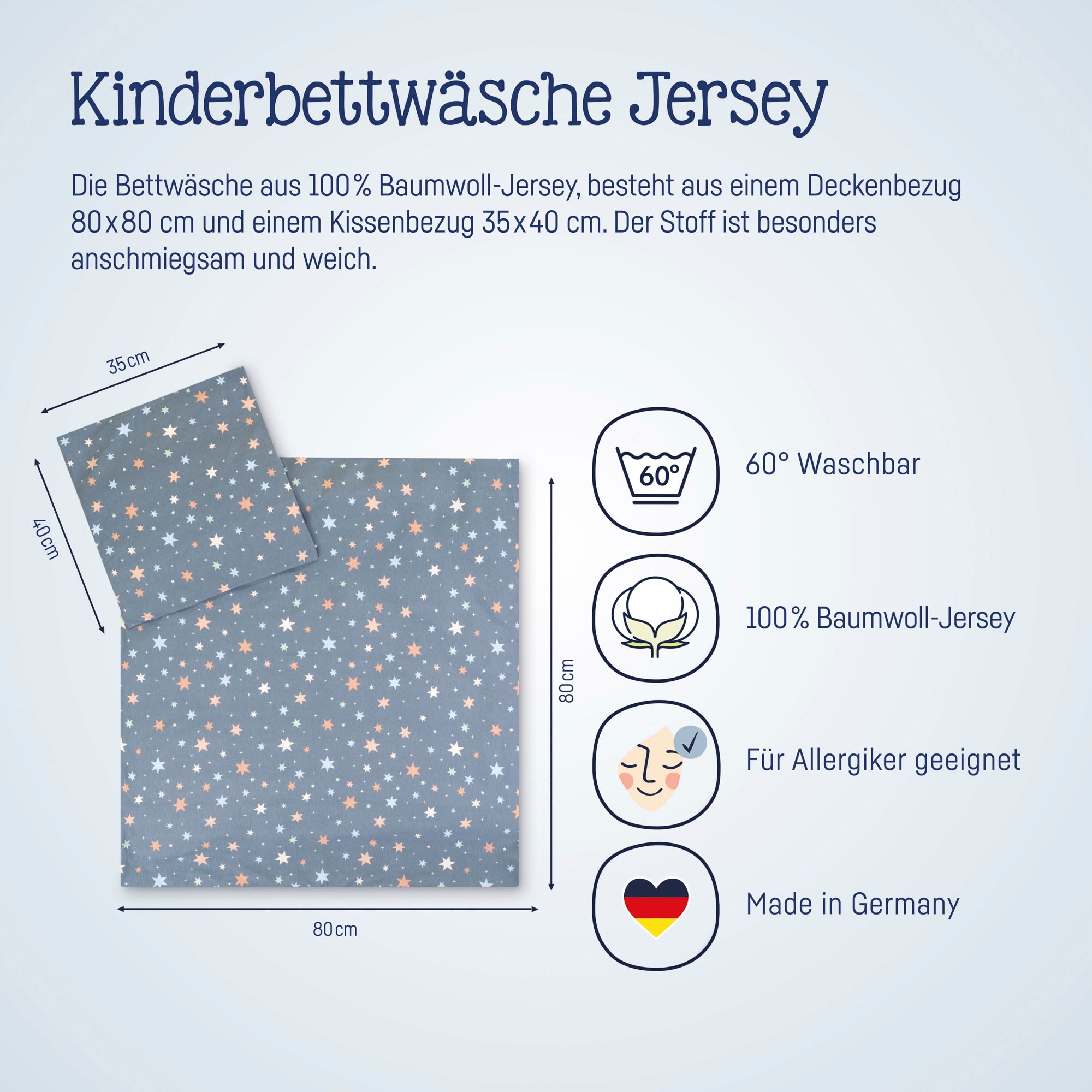 Julius Zöllner Kinderbettwäsche »Baby- und Kinderbettwäsche aus 100% Jersey-Baumwolle«, (2 tlg.), erhältlich in den Grössen 80x80+35x40cm und 100x135+40x60cm