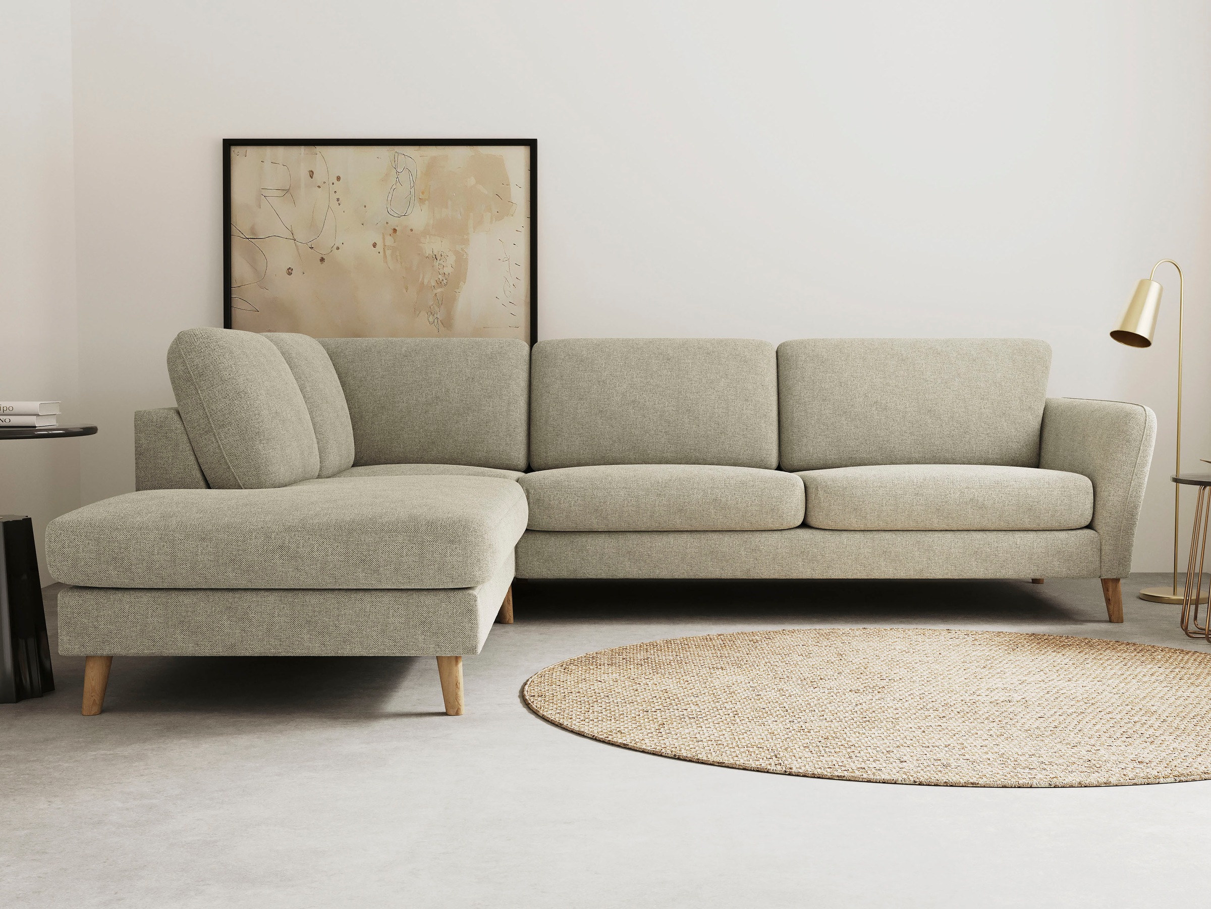 Home affaire Ecksofa »MARSEILLE 278/202 cm, L-Form, Ottom. rechts/links, verschiedene Bezüge« Massivholzbeine Eiche, Landhausstil, Wellenunterfederung
