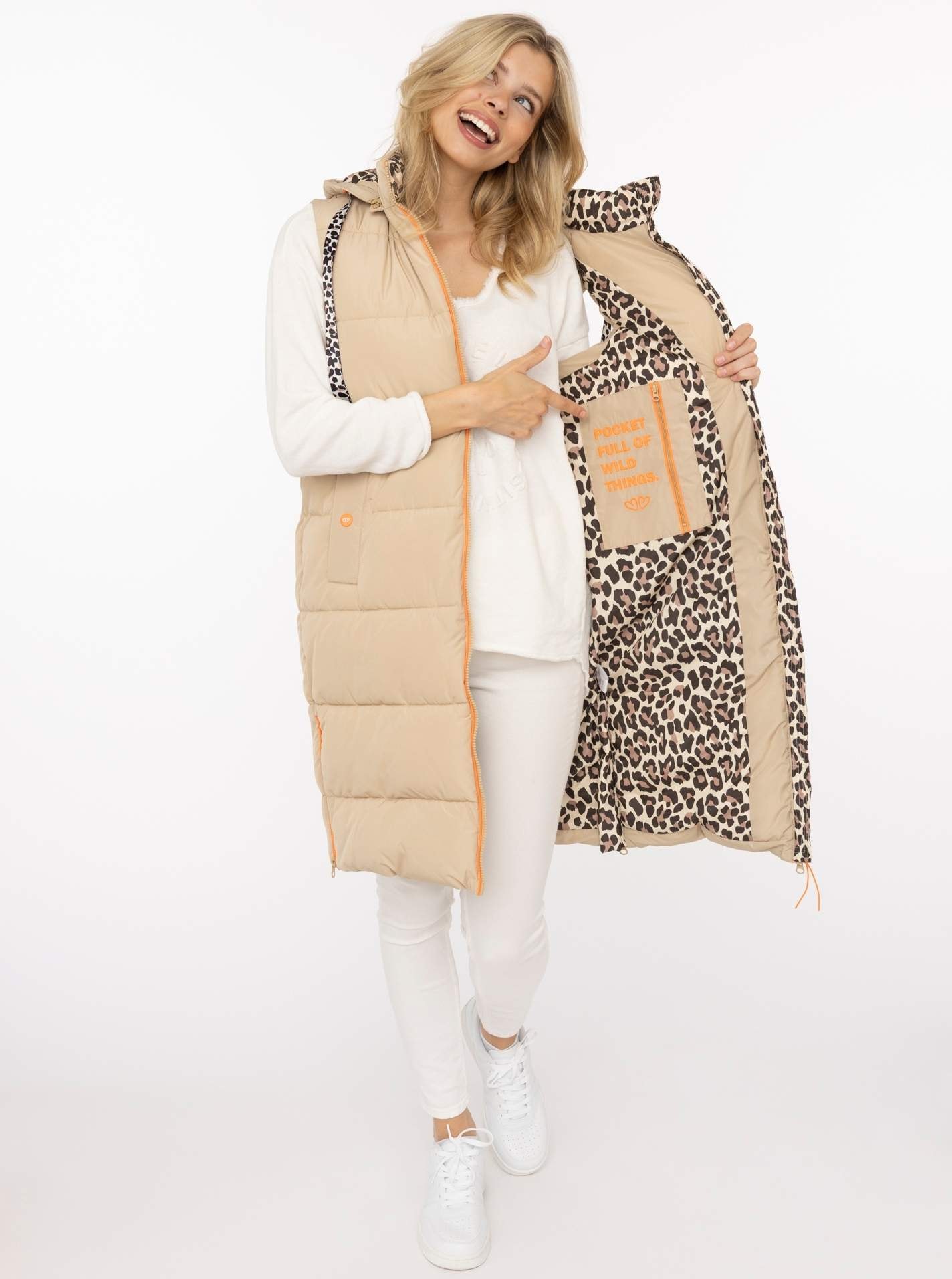 Zwillingsherz Gilet long »„Leo“« avec capuche, fermeture éclair à l'avant et sur les côtés, poches, détails léopard,