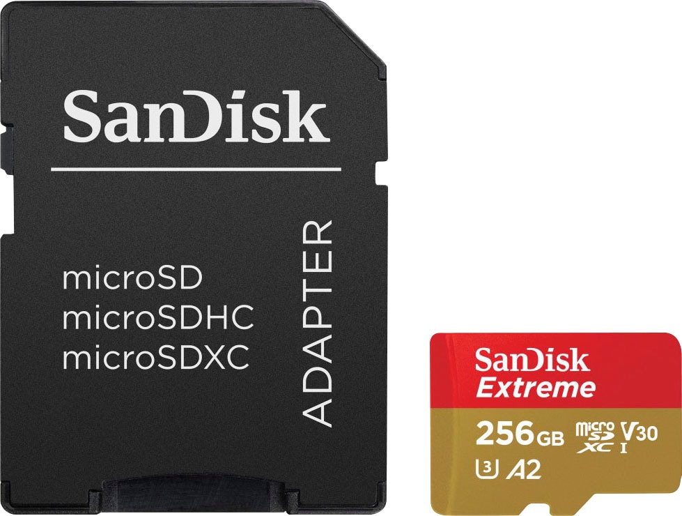 Sandisk Speicherkarte "Extreme microSDXC™-UHS-I-Karte" (256 GB Video Speed Class 30 (V30)/UHS Speed Class 3 (U3) 190 MB/s Lesegeschwindigkeit)