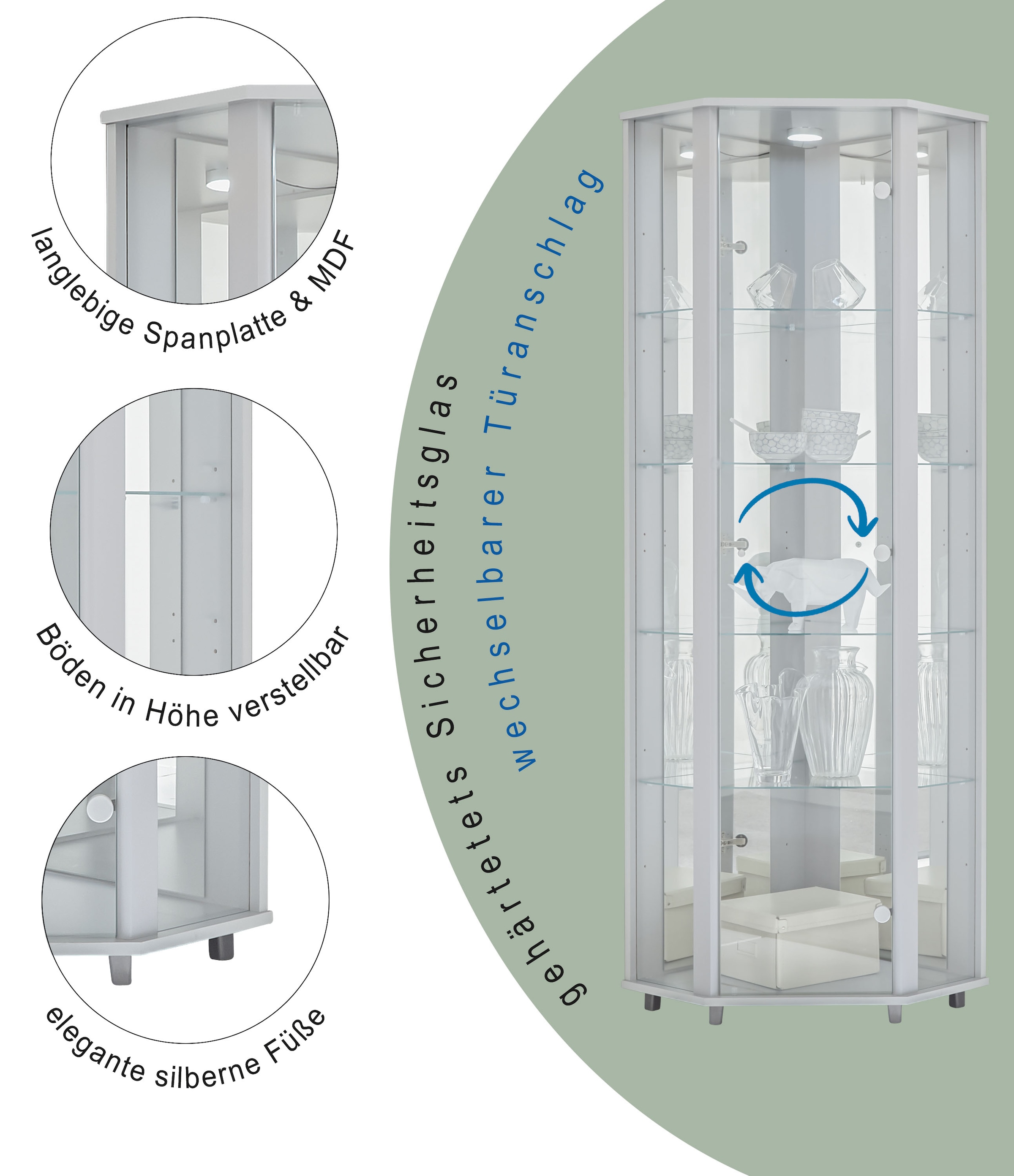 fif möbel Vitrine d'angle »TRIO Höhe ca. 172 cm, ink. Beleuchtung« Eckvitrine/Glasvitrine 1x Glastür, perfekt für Sammler, Sammlervitrine