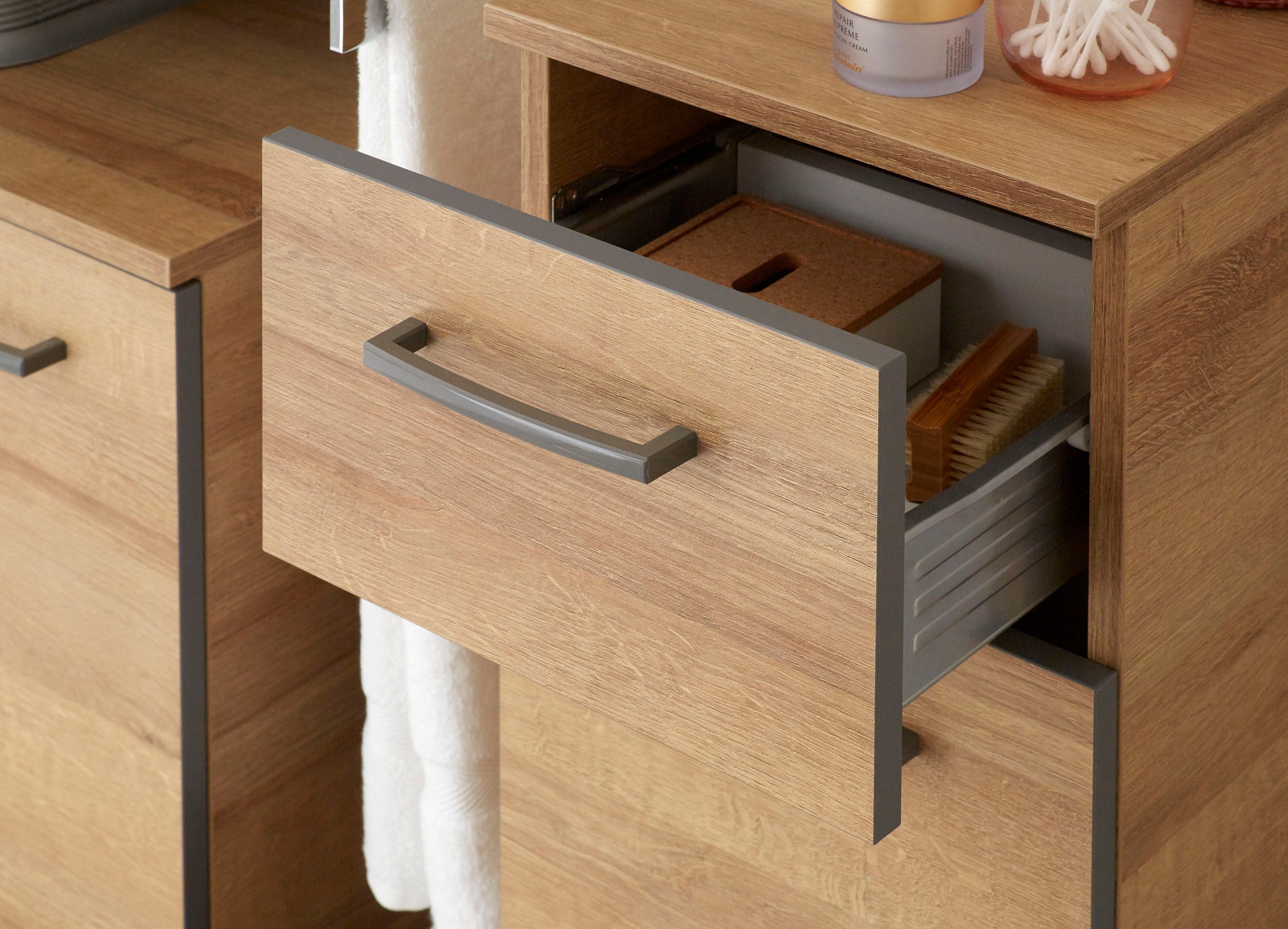 Saphir Unterschrank »Quickset 919 Badschrank mit 1 Tür, 1 Schublade, 30 cm breit« Badezimmermöbel, Riviera Eiche quer Nachbildung, Griffe in Grau