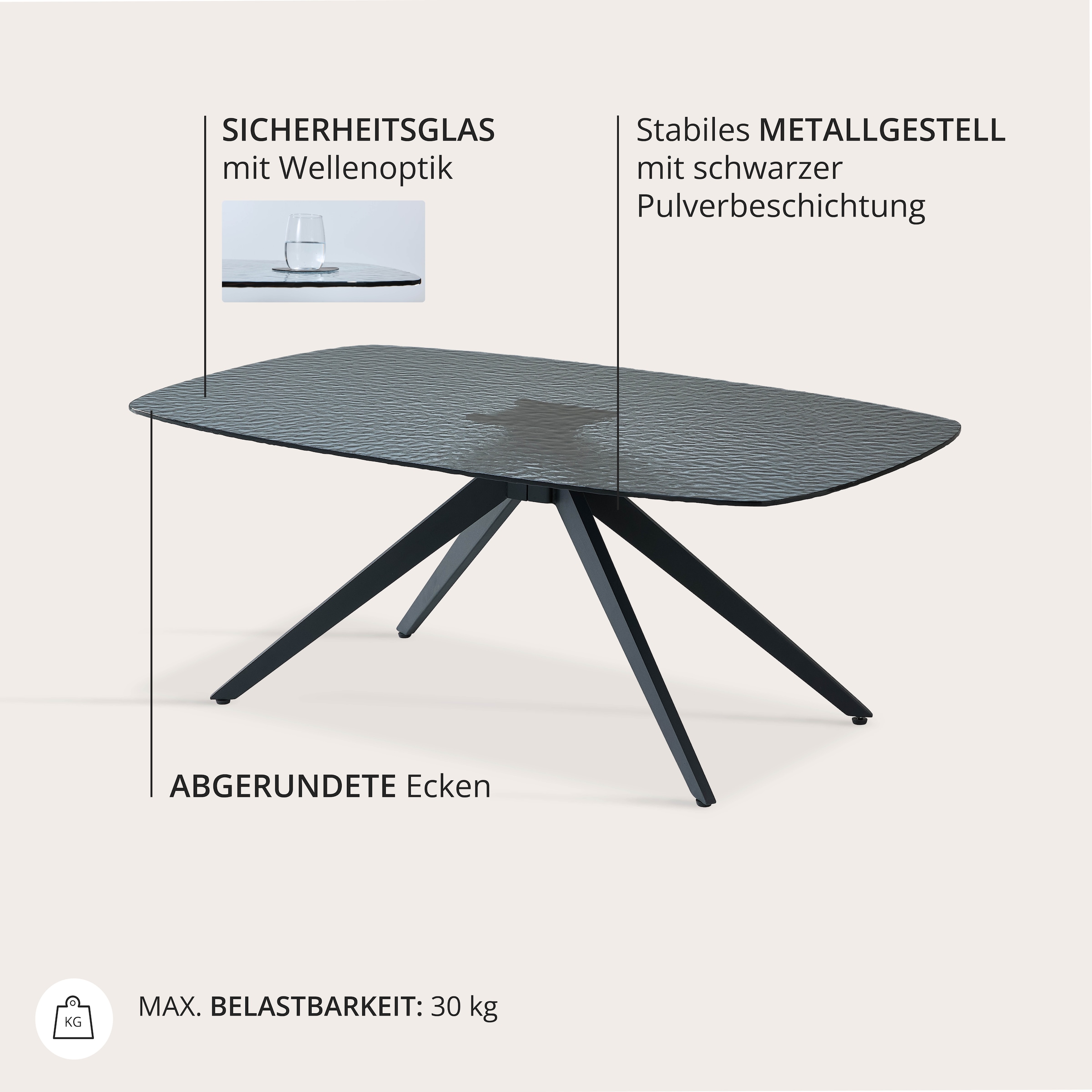 Image of Stolkom Couchtisch "Elias Glastisch schwarz, Wohnzimmertisch BxHxT 110x44x70 cm" Sicherheitsglas Bruchsicher, Glasplatte Wasserwelle schwarz getönt
