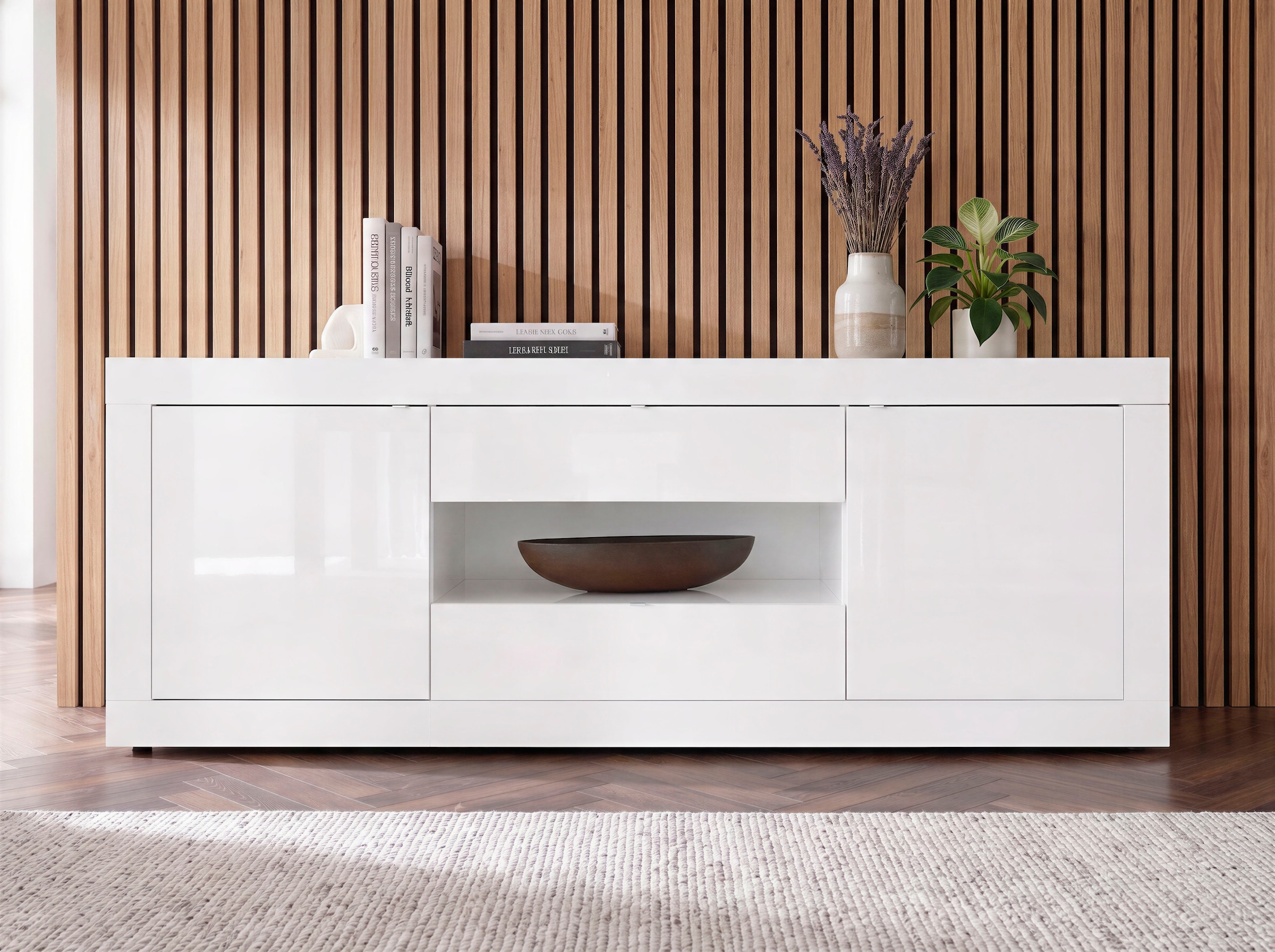 Home affaire Buffet »Basic Breite 240 cm, Kommode 2 Türen, 2 Schubkästen, Anrichte,« laque blanche brillante, poignée métal, look cadre moderne, beaucoup de rangement