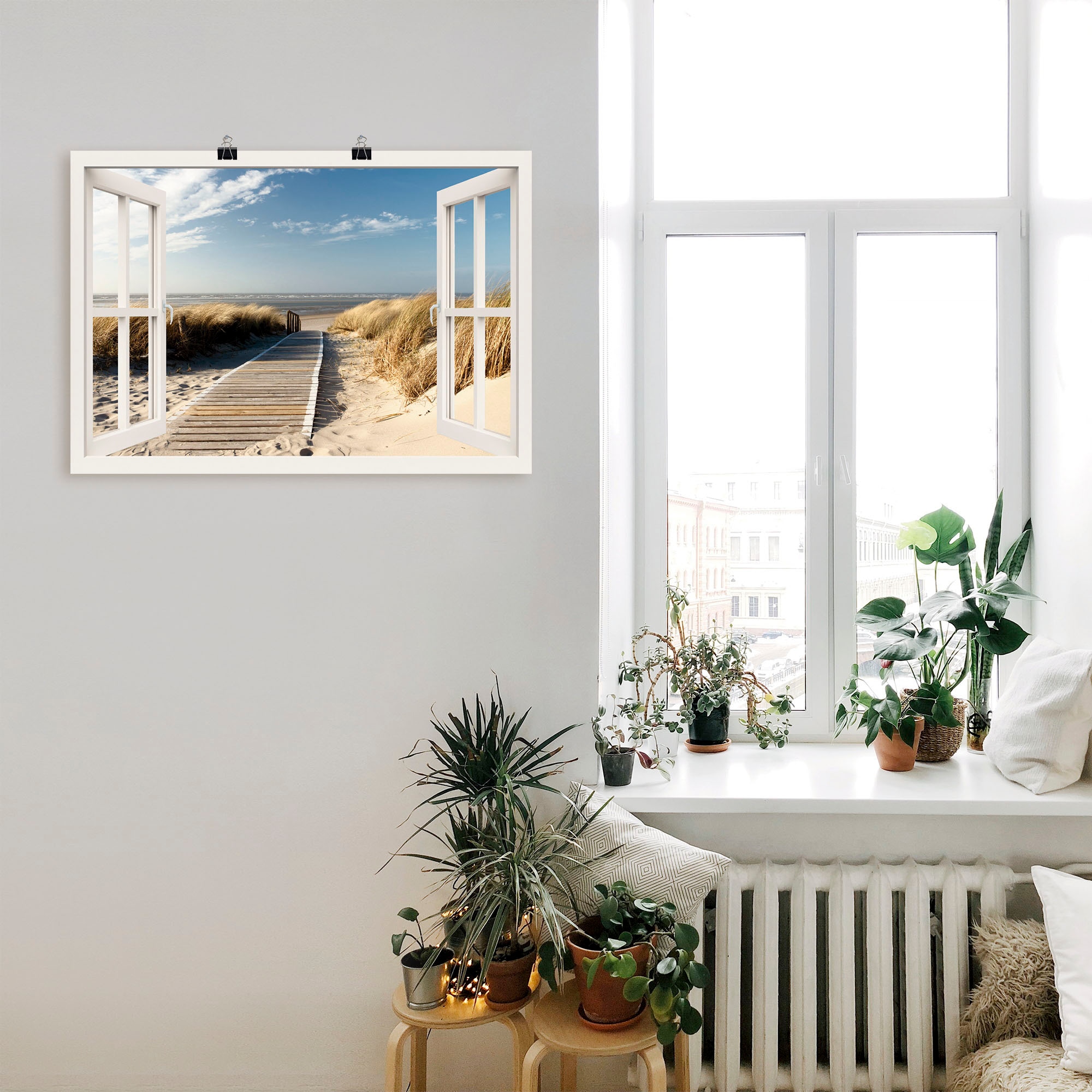 Artland Wandbild »Fensterblick Nordseestrand auf Langeoog«, Fensterblick, (1 St.), als Leinwandbild, Poster, Wandaufkleber in verschied. Grössen