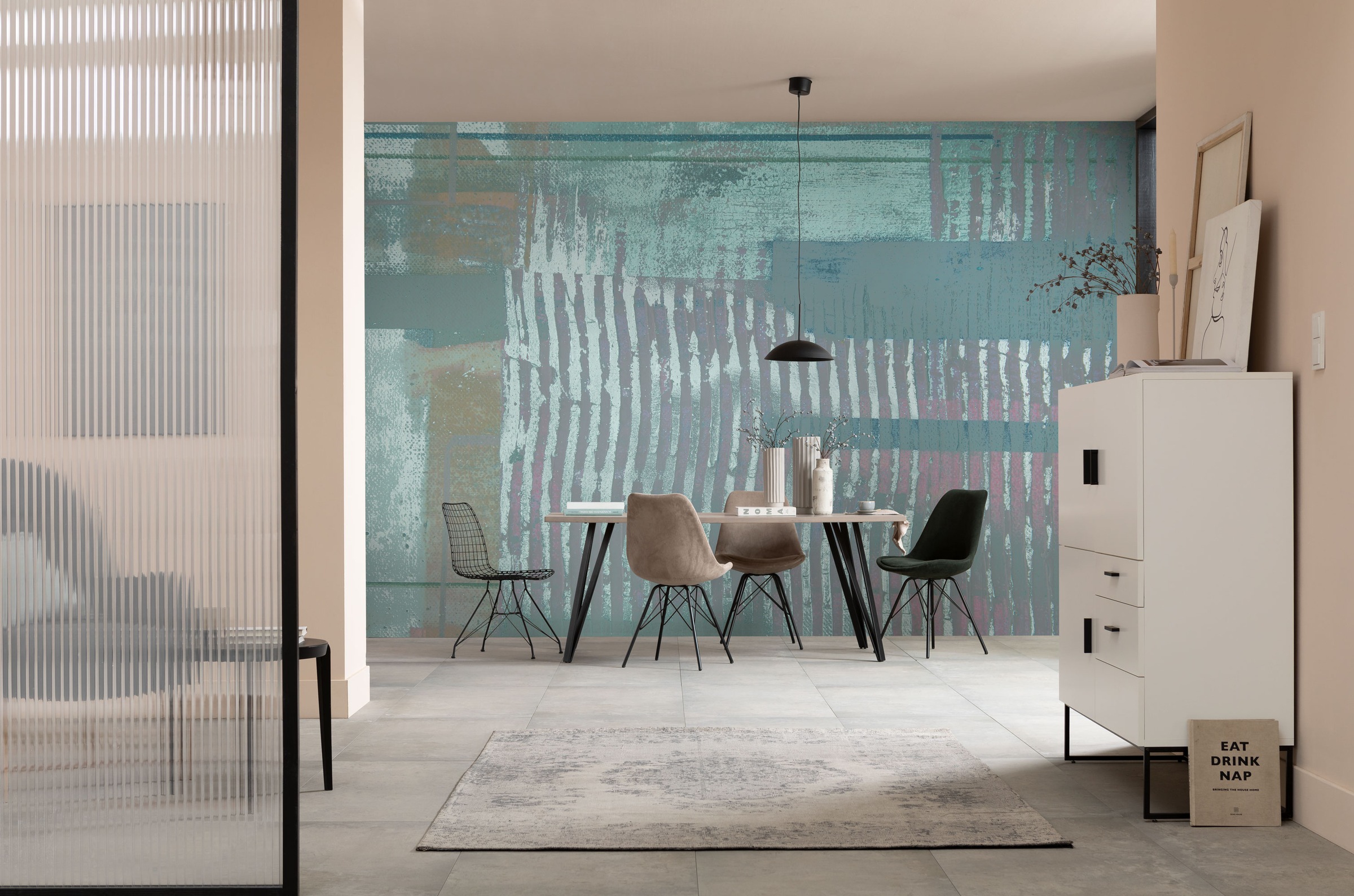 Image of Komar Fototapete "Vlies Fototapete - Lines Mellow grey-bleu - Grösse 500 x 280 cm" Motiv bedruckt glatt