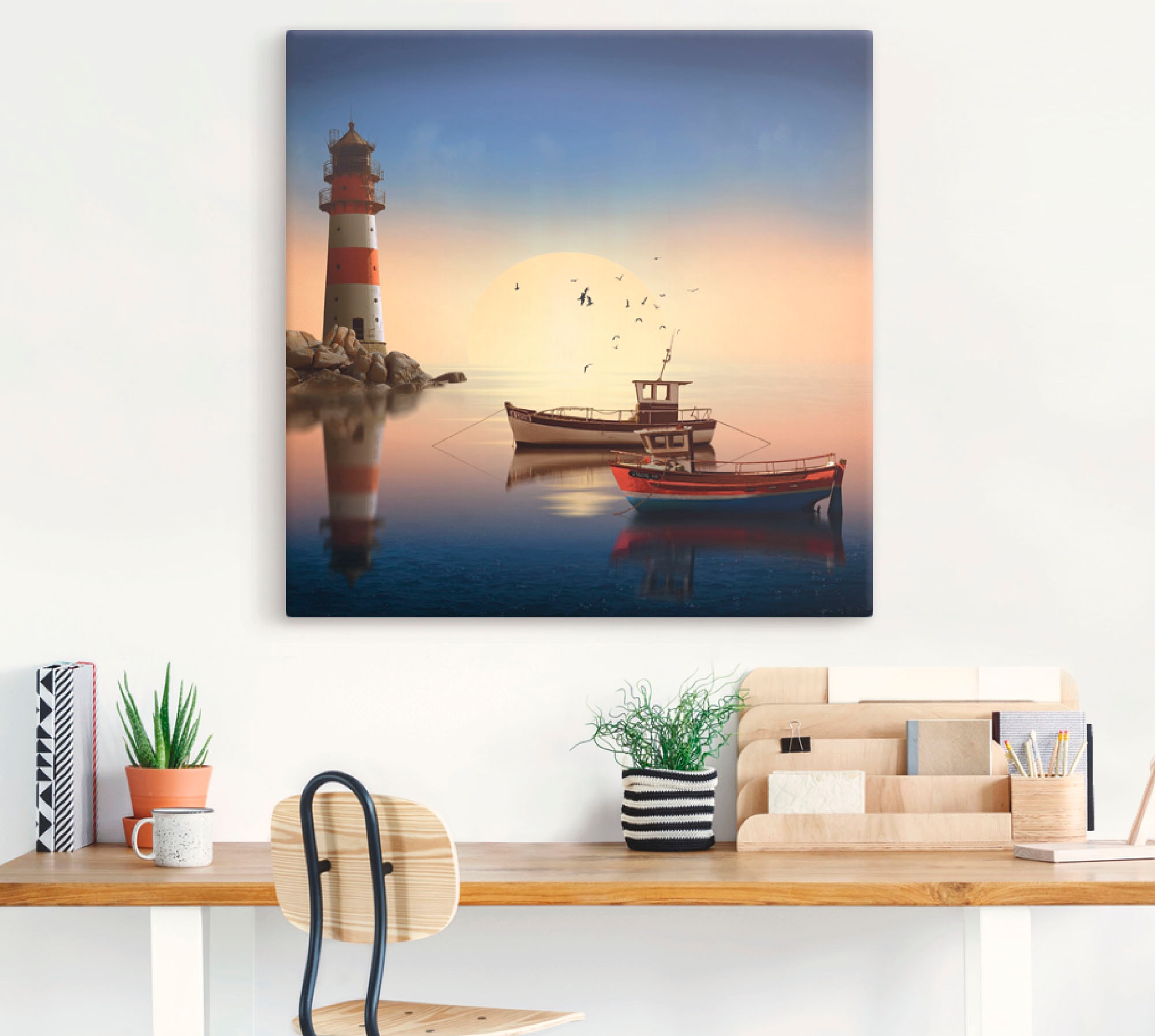 Artland Wandbild »Kleiner Hafen mit Leuchtturm«, Gebäude, (1 St.), als Leinwandbild, Wandaufkleber in verschied. Grössen