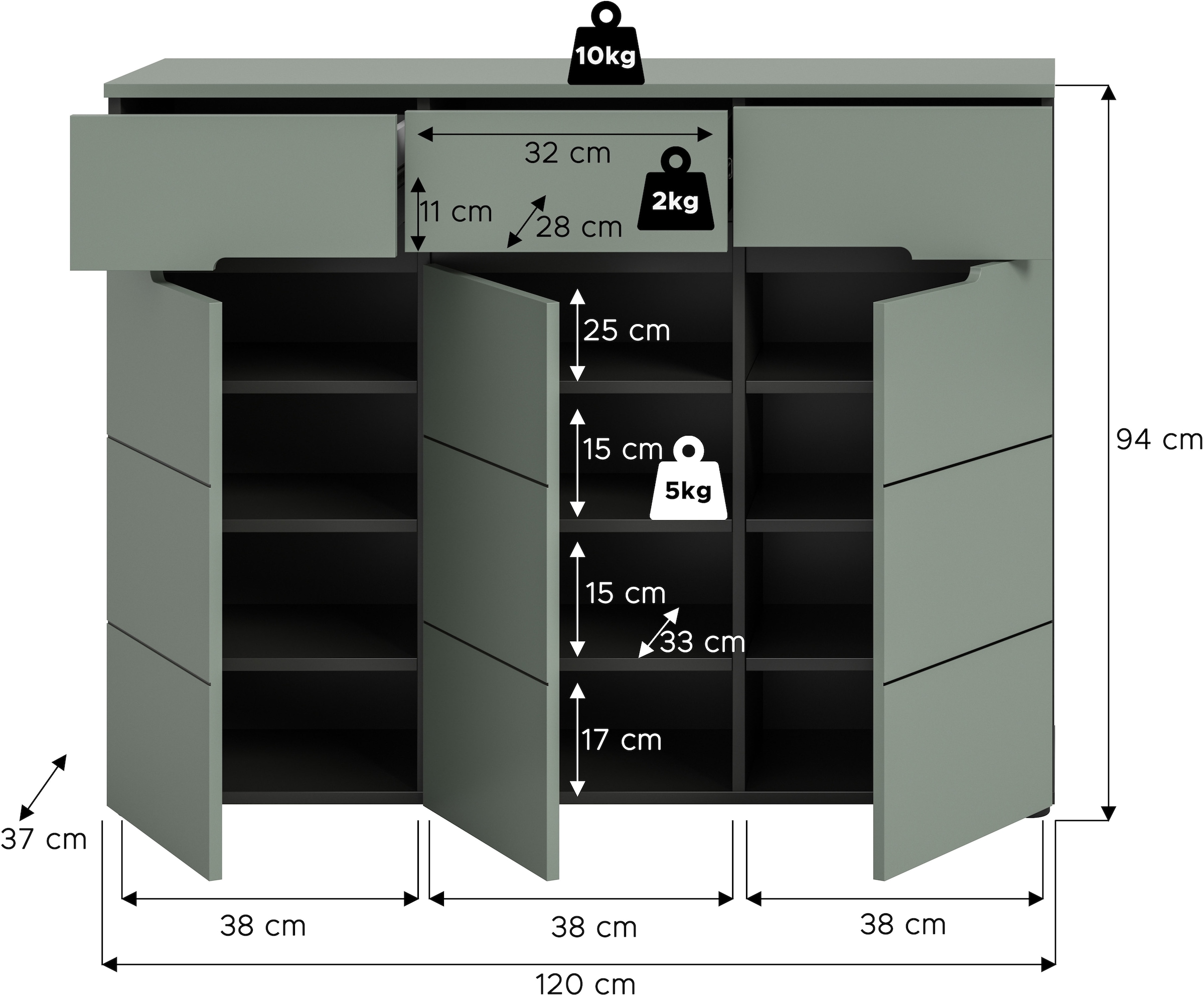 INOSIGN Garderobenschrank »REHAT, TOPSELLER!, Breite 120 cm, 3 Türen, 3 Schubkästen, 12 Fächer« in verschiedenen Farben erhältlich, Platz für ca. 24 Paar Schuhe, 1 Stk. tlg. Schuhschrank, Kommode, Schuhkommode, Anrichte, Sideboard