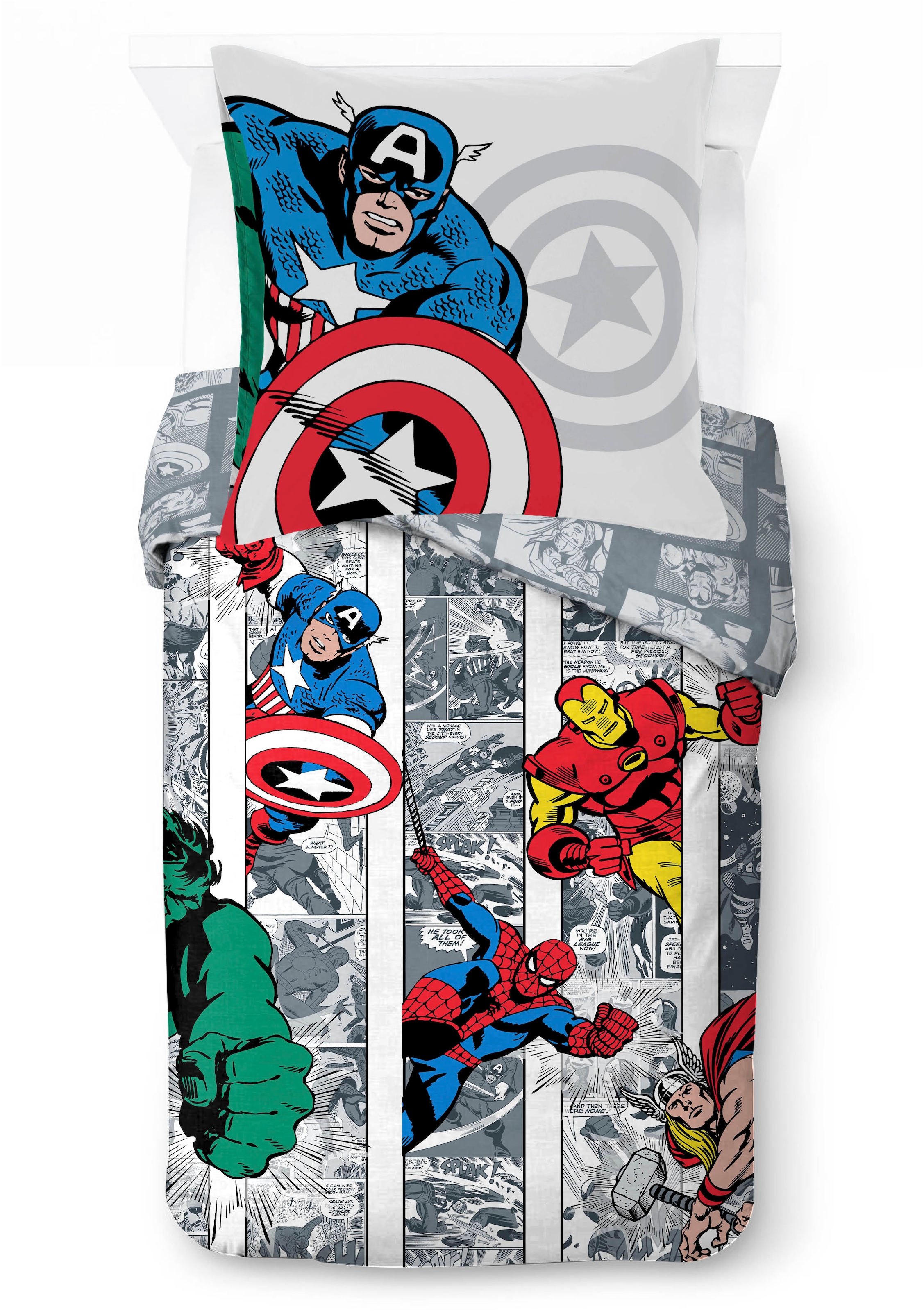 Image of MARVEL Kinderbettwäsche "Marvel Comics Bettbezug-Set 135x200 cm + Kissenbezug 80x80 cm" 2 tlg. 100 % Baumwolle, maschinenwaschbar, wendbar