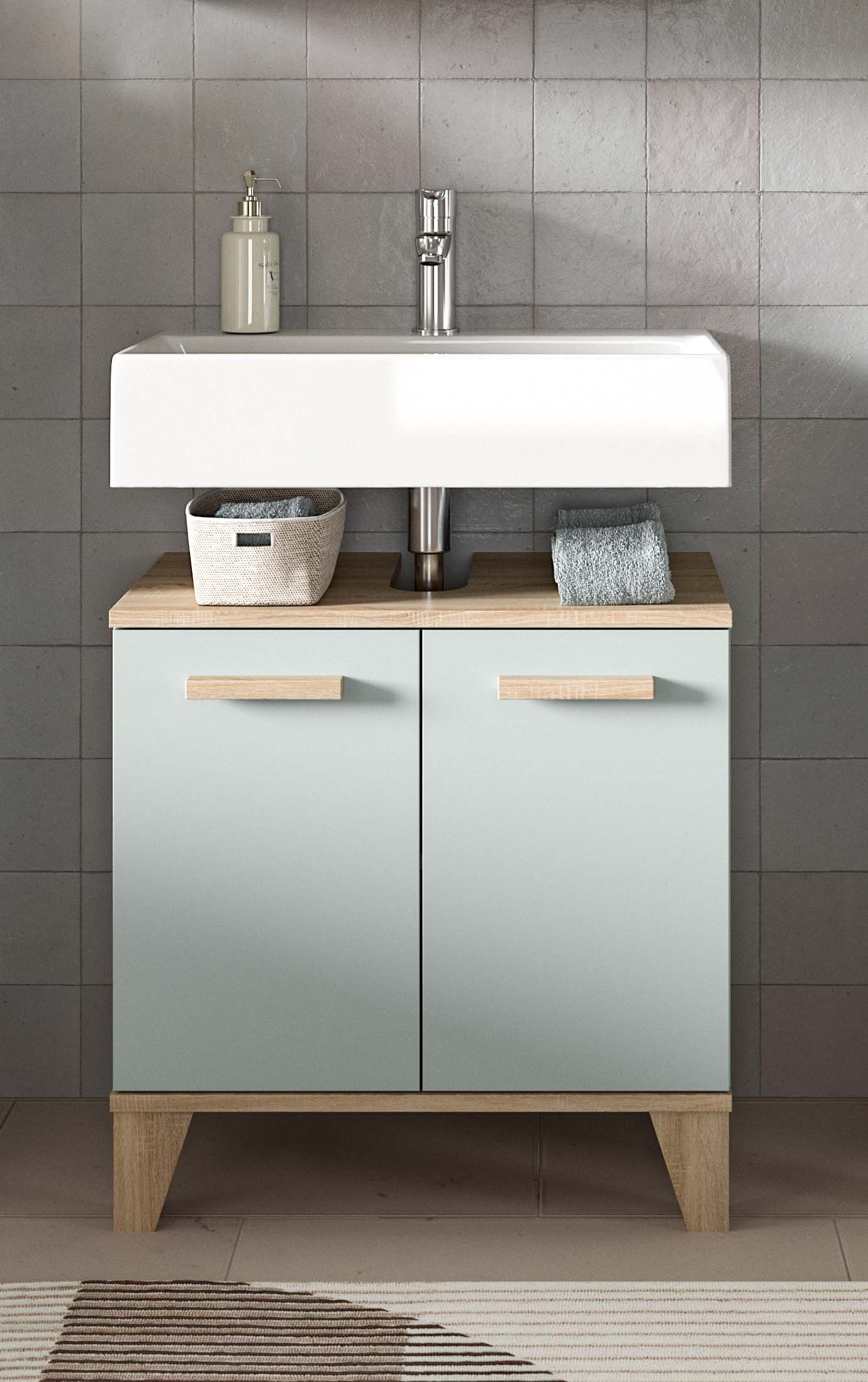 welltime Waschbeckenunterschrank »MINTTU, Breite 60 cm, 2 Türen, 1 Einlegeboden, 2 Fächer« mit Siphonausschnitt 8x23 cm,  Badmöbel, Badschrank, Schrank, Kommode, Bad, Unterschrank