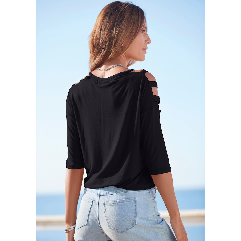 LASCANA 3/4-Arm-Shirt, mit Cut-outs, raffiniertes Longsleeve, schulterfrei