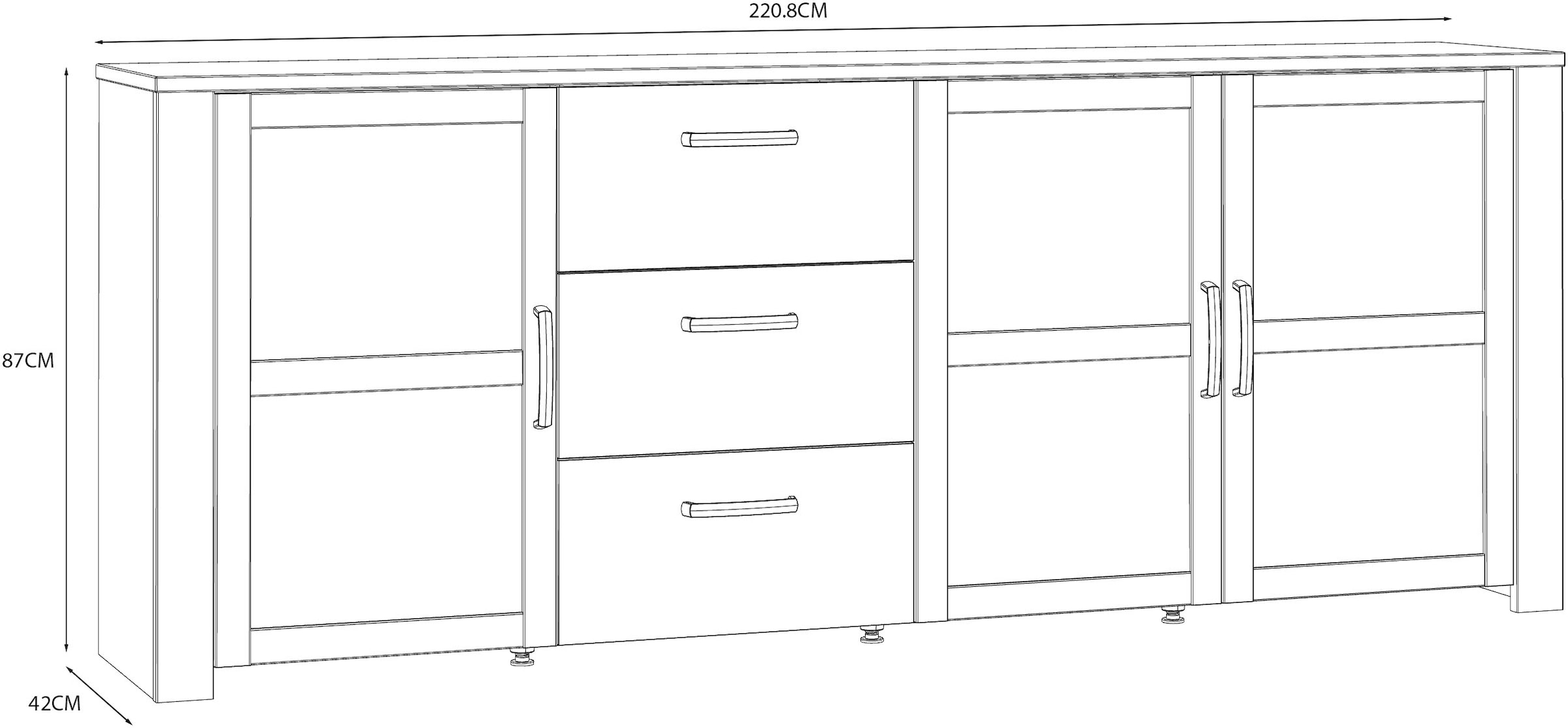 FORTE Buffet »Bohol, grosses Sideboard,Breite 2,20 mtr. Soft-Close, Stauraum« L/H/P 220,8/87/42cm, 3 portes, 3 SK