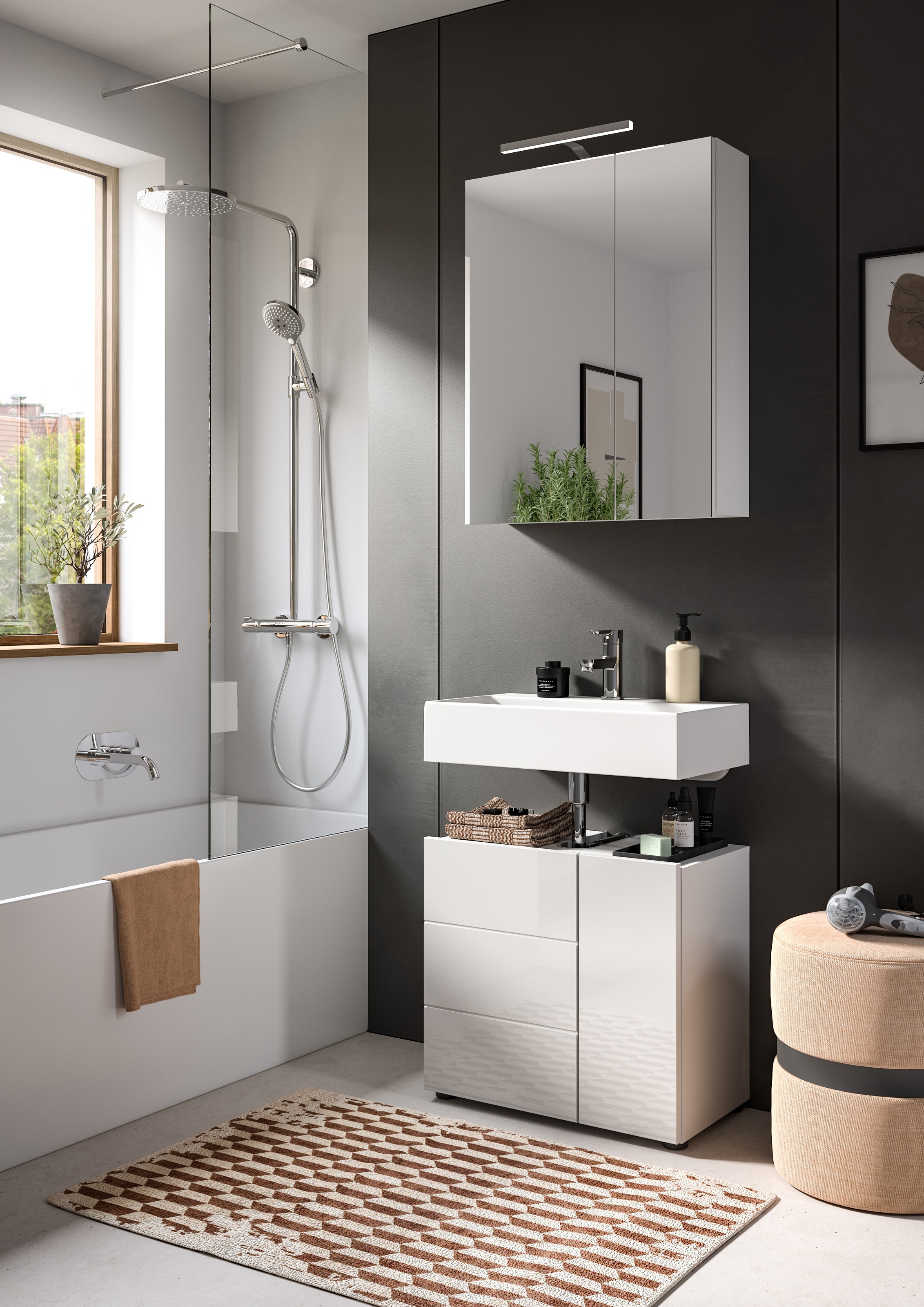 welltime Badmöbel-Set »BIEL, TOPSELLER, 2 teilig, inkl. Beleuchtung, MDF Front, Rillenoptik« best. aus: Waschbeckenunterschrank, Spiegelschrank inkl. Beleuchtung, 2 Stk. tlg.