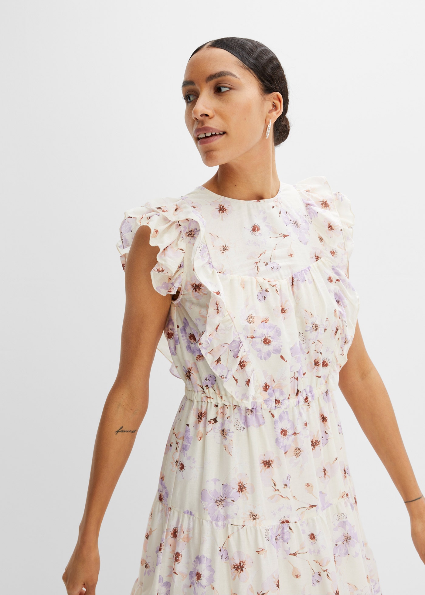 bonprix Maxi robe aus reiner Baumwolle, ausgestellte Passform, ärmellos, mit Volants