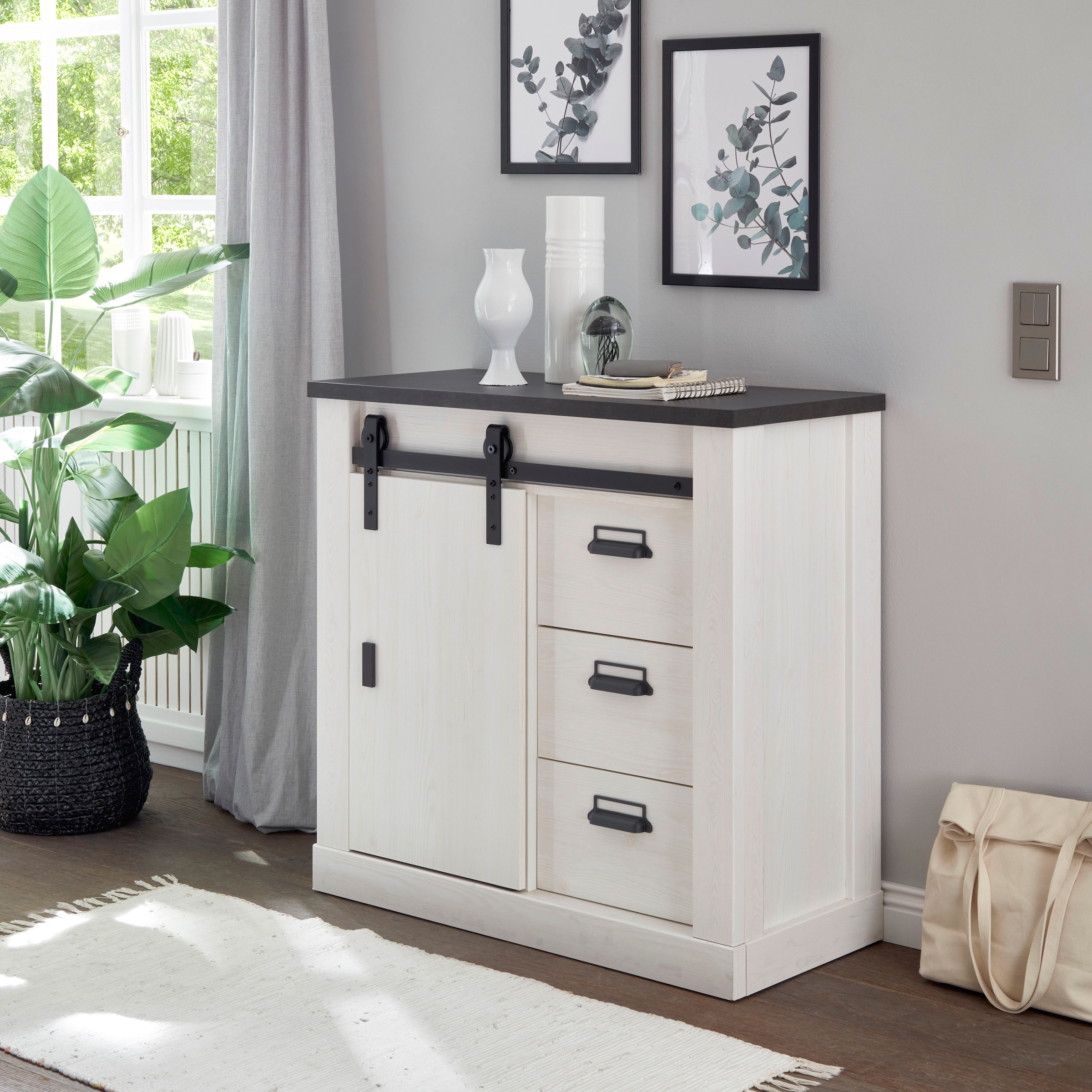 Image of Home affaire Kommode "Sherwood, Sideboard im Industrial-Style, Schrank, Stauraumelement" mit Scheunentorbeschlag & Apothekergriffen, in 2 Farben erhältlich