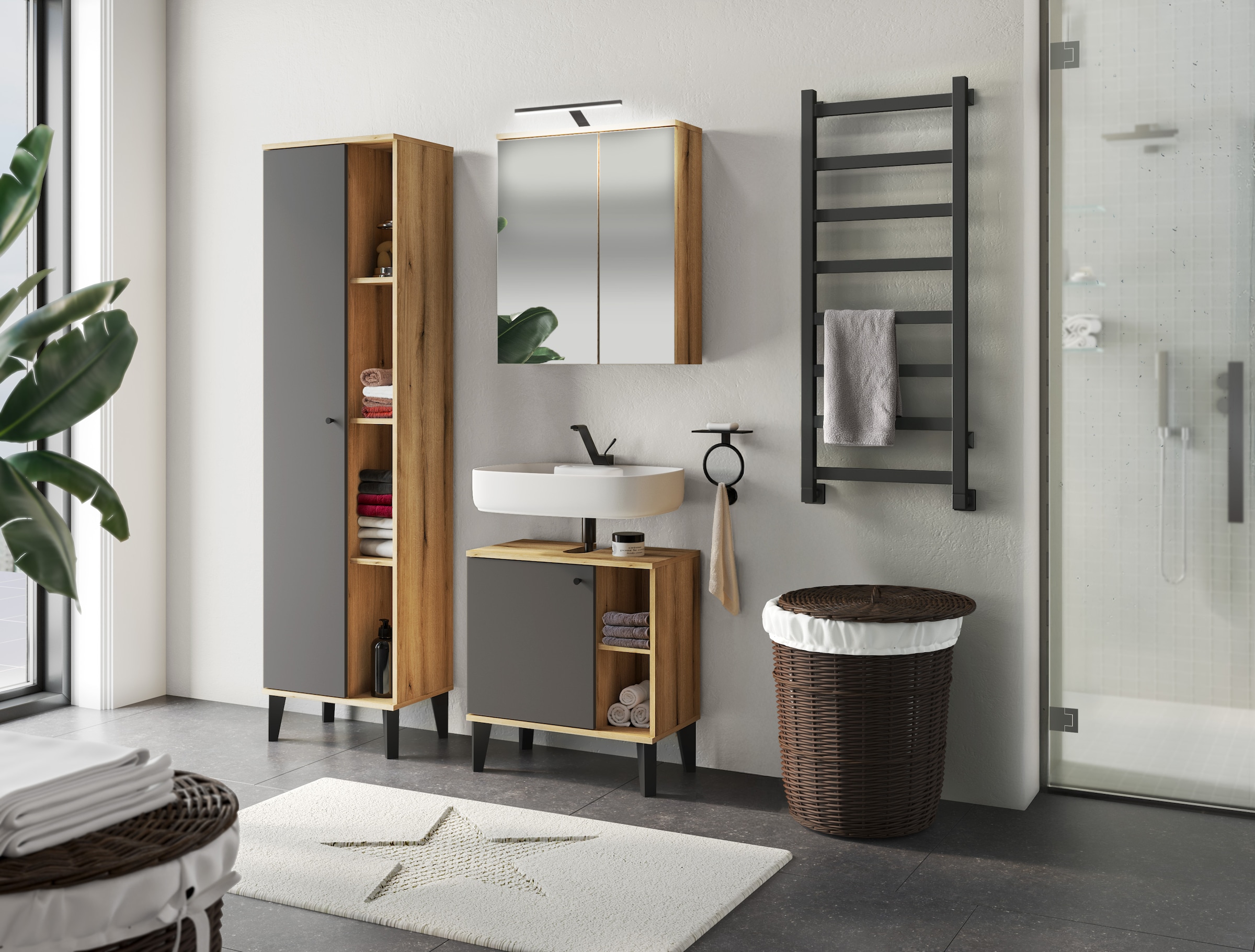 INOSIGN Stauraumschrank »Oslo, Badschrank mit Knopfgriff, Hochschrank im skandinavischen Design« in der Türfarbe Weiss oder Grau verfügbar, ausreichend Stauraum