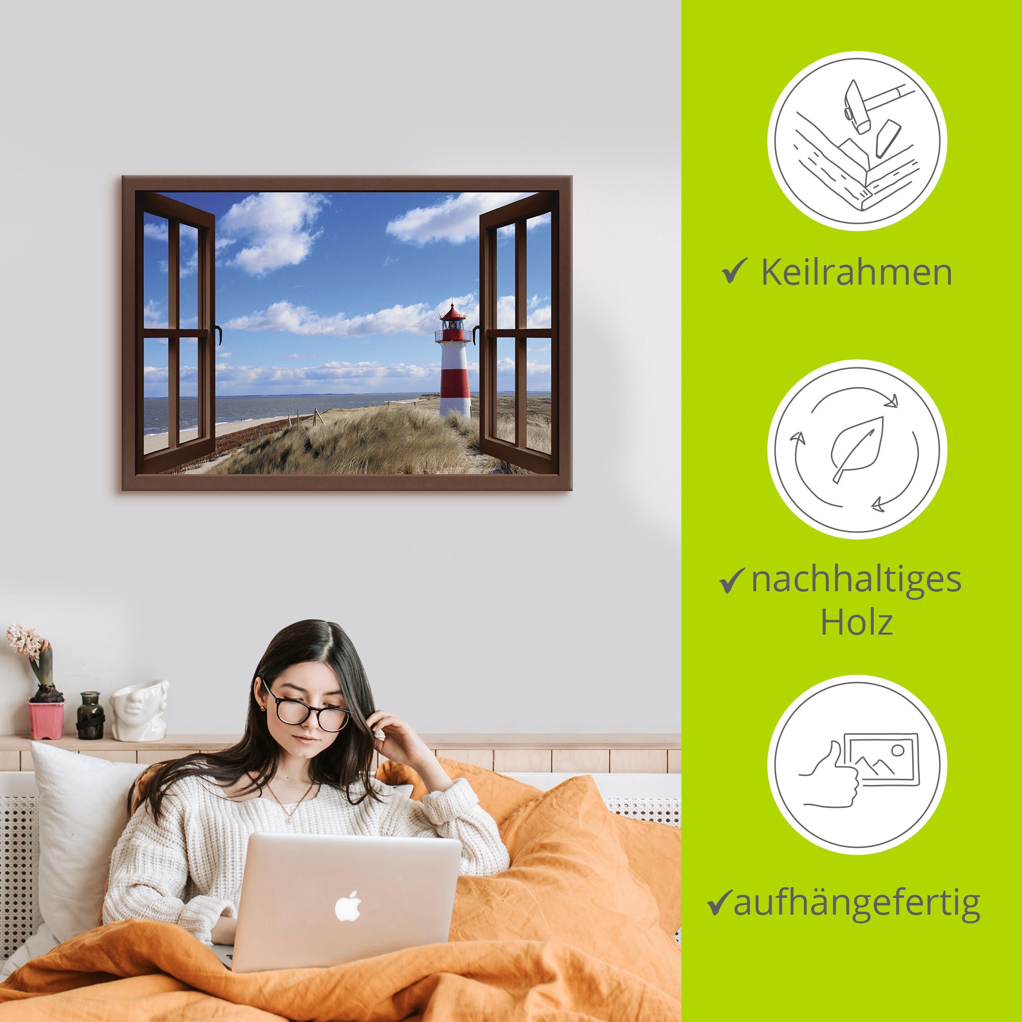 Artland Wandbild »Fensterblick - Leuchtturm Sylt«, Fensterblick, (1 St.), als Leinwandbild, Poster in verschied. Grössen