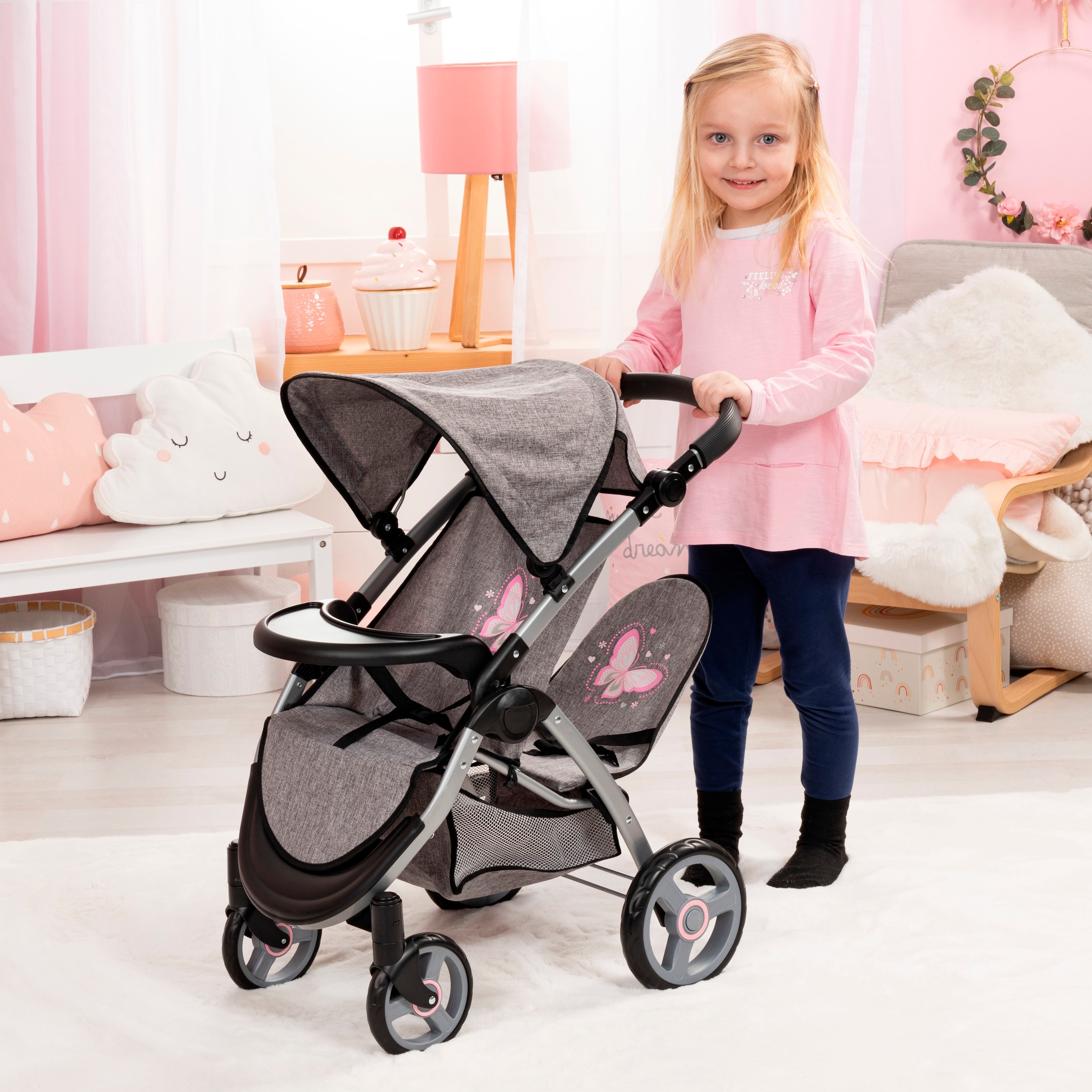 Bayer Puppen-Zwillingsbuggy »Twin Star, grau/rosa« mit Wickeltasche