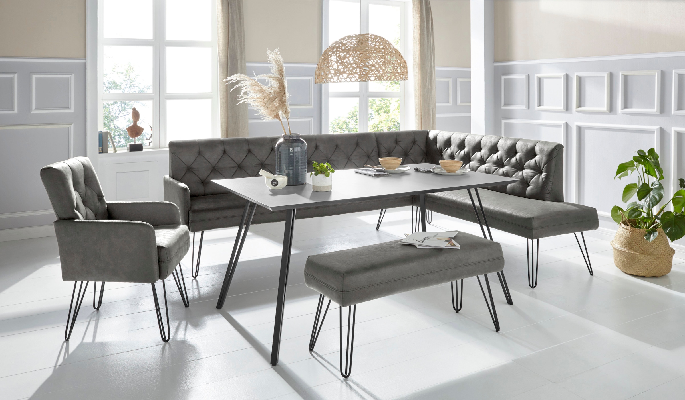 exxpo - sofa fashion Eckbank »Doppio, Chesterfield Optik, komfortabel und bequem, hohe Designfüsse«, Frei im Raum stellbar