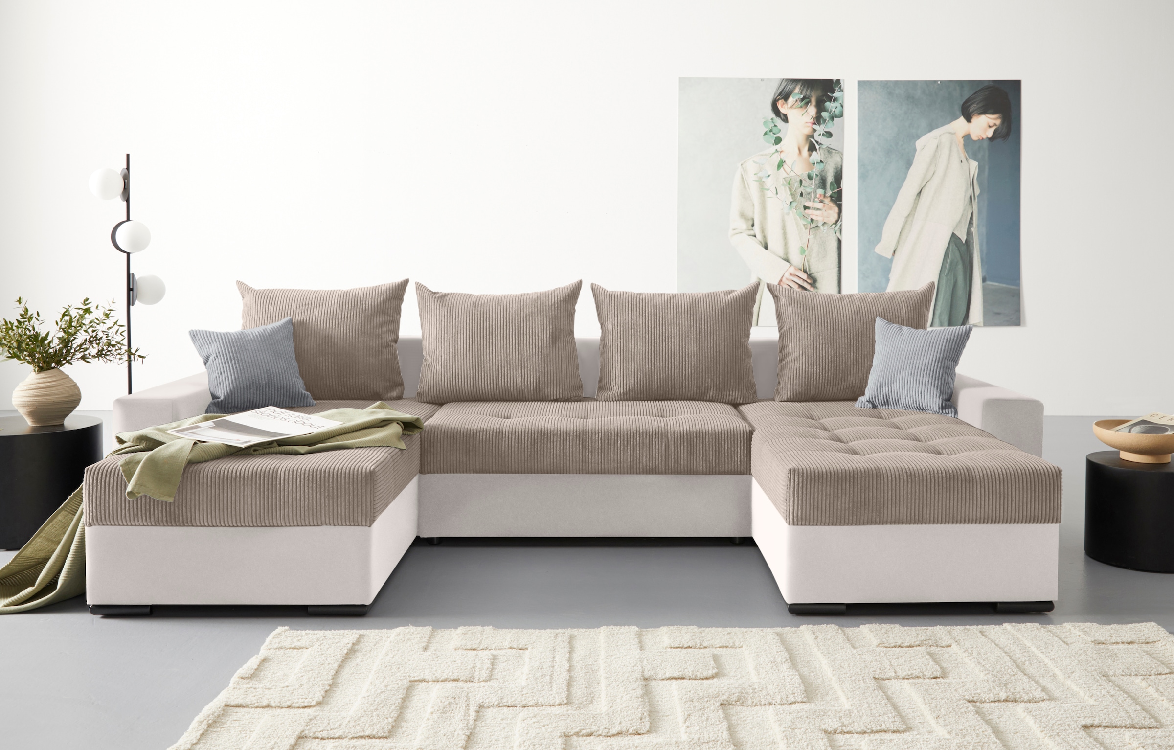 COLLECTION AB Wohnlandschaft »XL-Josy U-Form, Breite 313 cm, Cord-/Mix«, inkl. Bettfunktion, Bettkasten, mit 4 gleich grossen Rückenkissen
