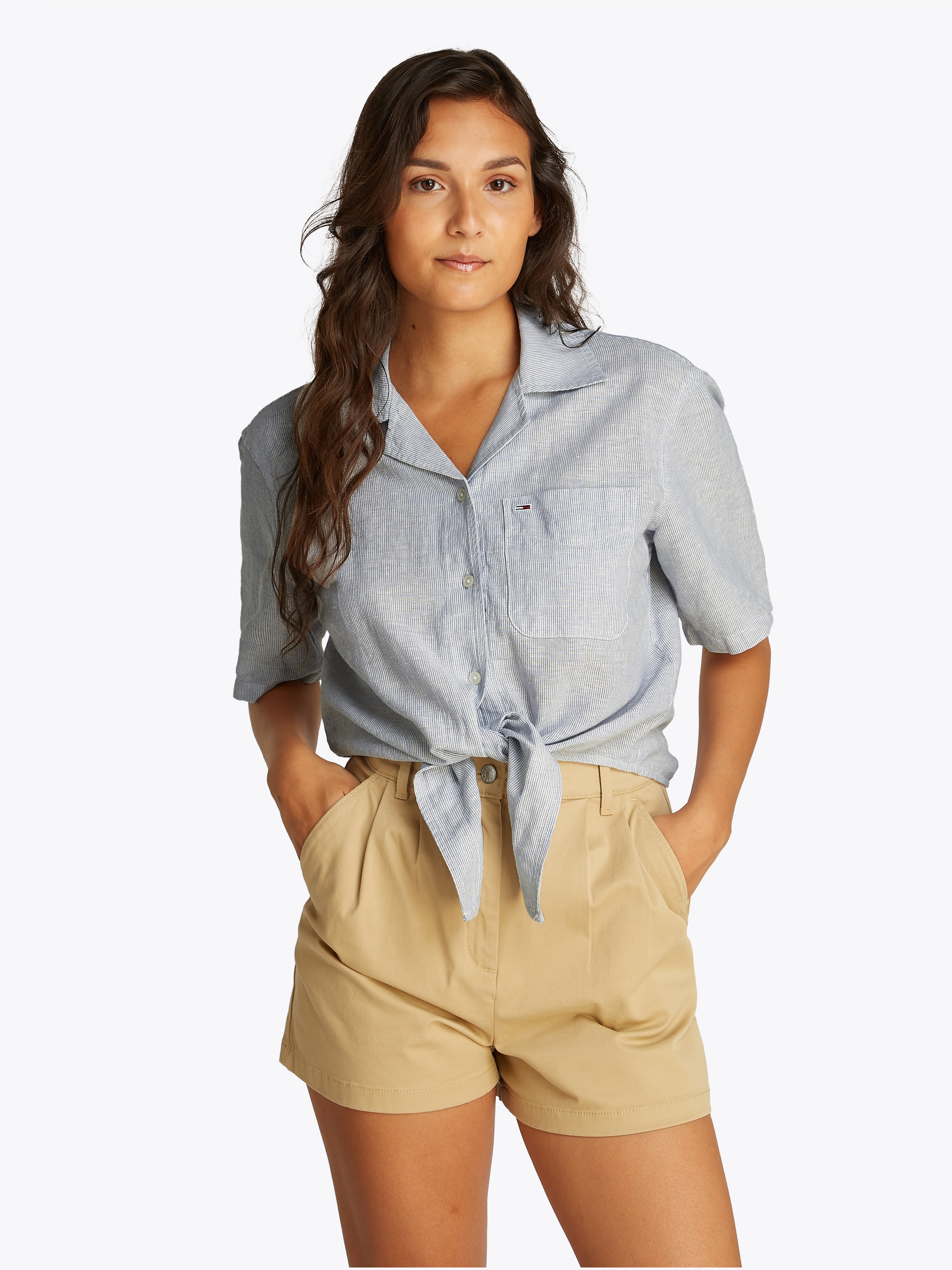 Image of Tommy Jeans T-Shirt "TJW CRP LINEN SS SHIRT" mit Brusttasche, Logostickerei