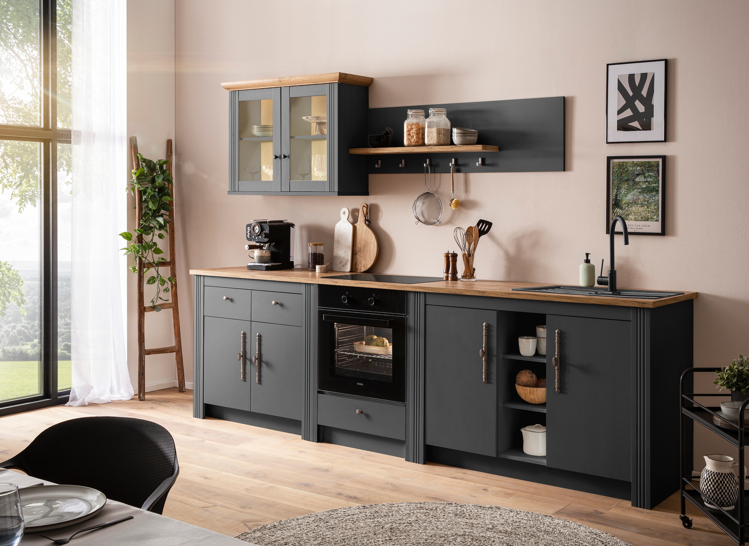 GOODproduct Küchenzeile »KS-Westminster, Pantryküche im Landhaus Stil, hochwertige Metallgriffe« Set,  Breite 294 cm, Kommoden, Wandpaneel, Hängeschrank, Herdumbau