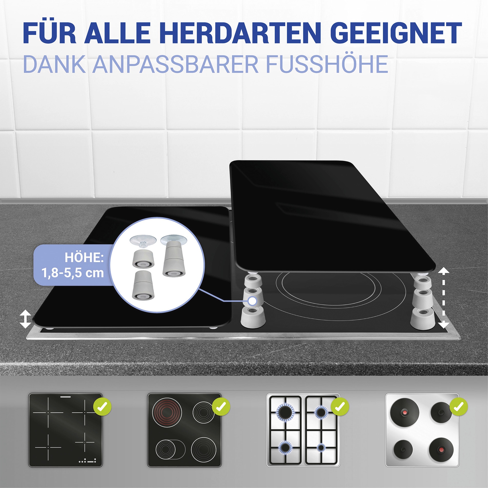 WENKO Herd-Abdeckplatte »Universal Modell Schwarz«, (Set, 2 tlg.), Herdabdeckung für alle Herdarten, kratzfest, mit rutschfesten Füssen