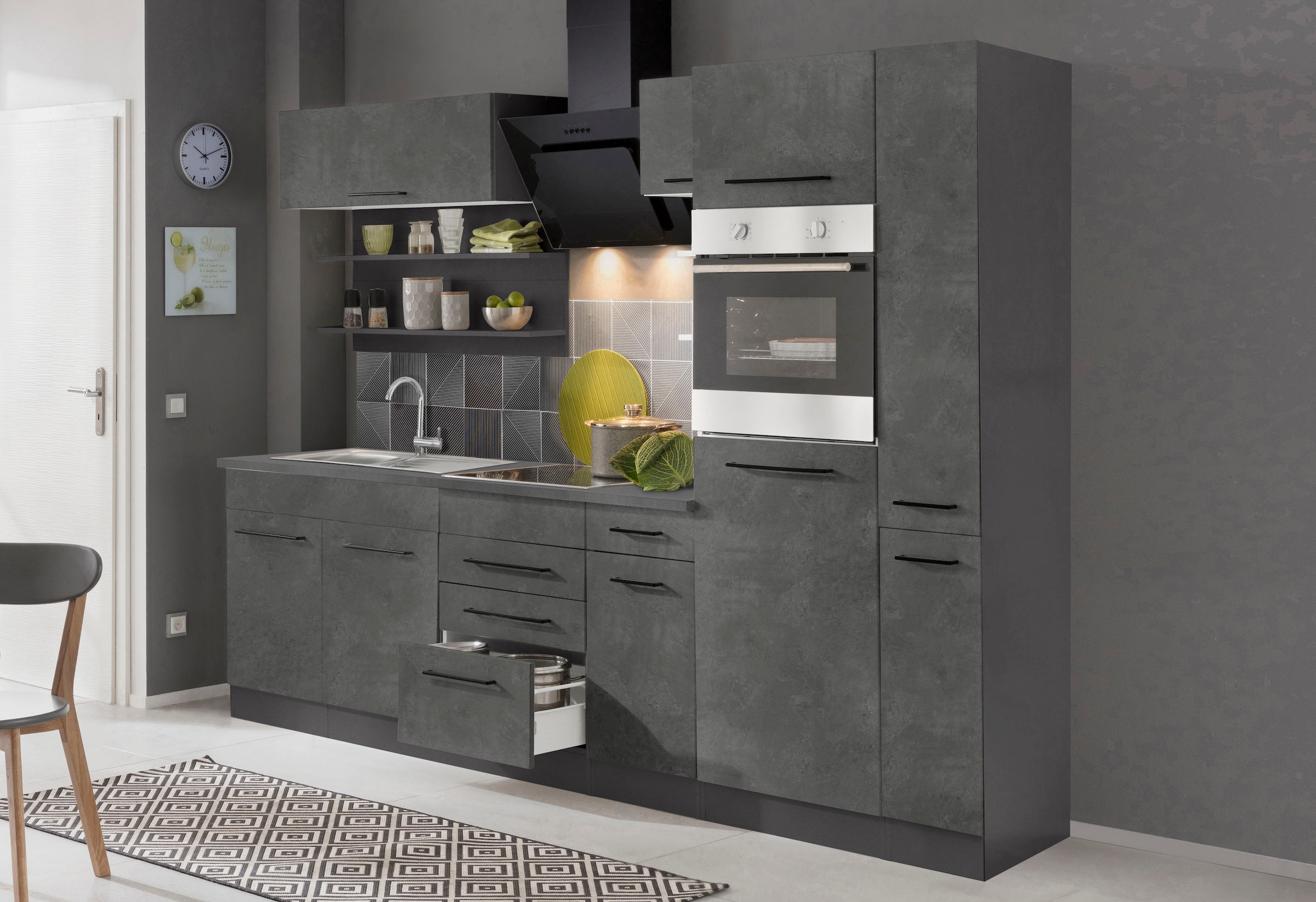 KOCHSTATION Küchenzeile »KS-Tulsa« ohne E-Geräte, Breite 270 cm, schwarze Metallgriffe, MDF Fronten