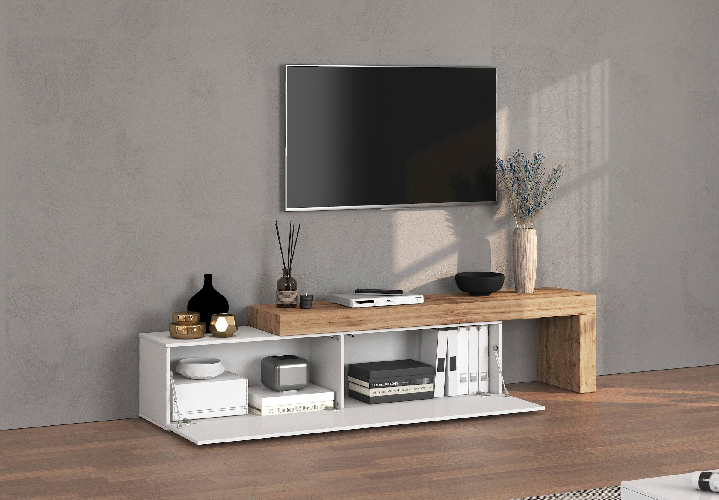 INOSIGN Lowboard »Chronos TV-Board, TV-Schrank« Breite verstellbar von 190 bis 350 cm, 1 Stk. tlg. Breite 270 cm TV-Board,Lowboard,1 Klappe und ein L-Förmiger Aufsatz