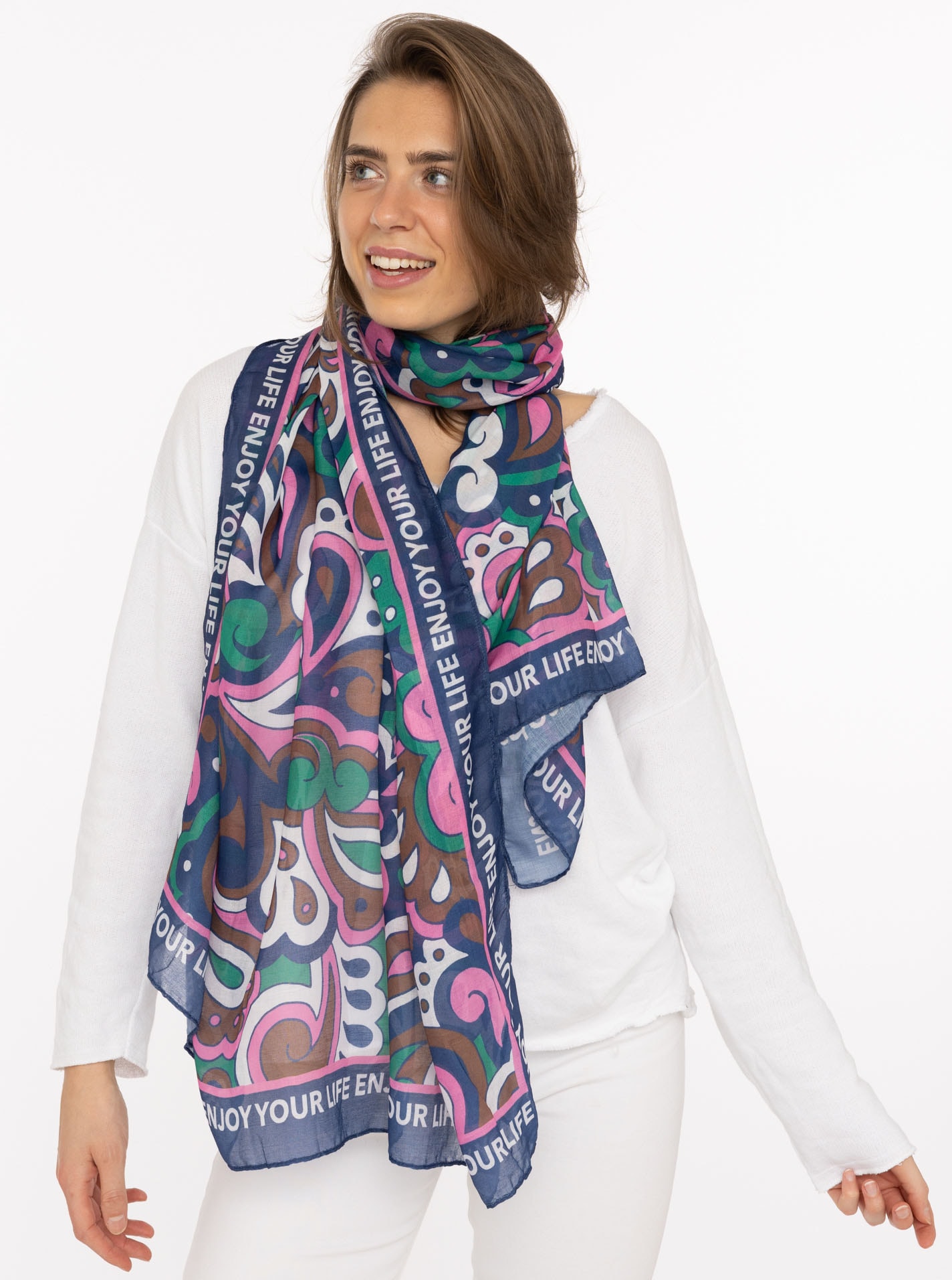 Zwillingsherz Écharpe »"Flower Paisley"« farbenfroh, transparent, mit Schriftzug