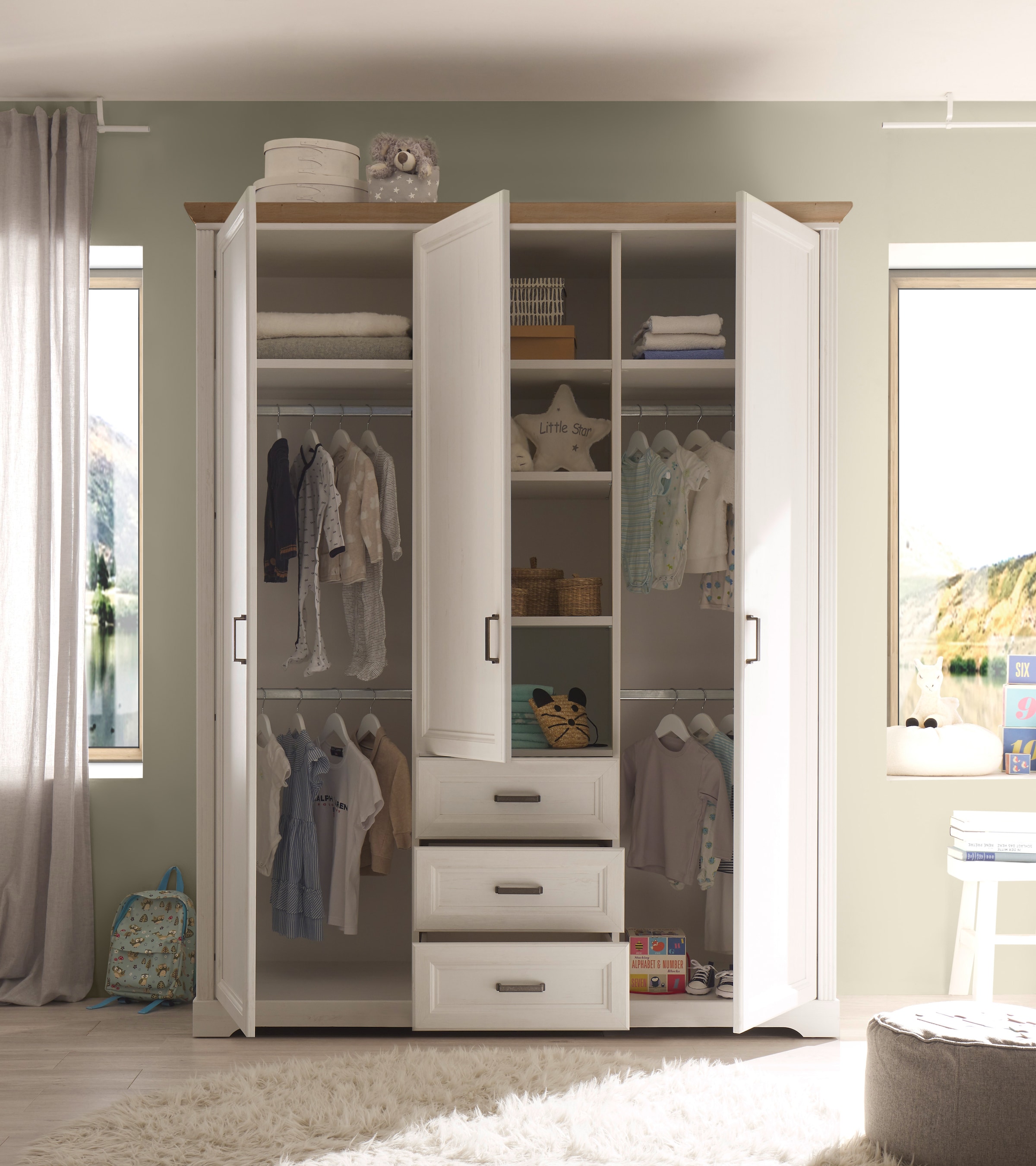 Begabino Drehtürenschrank »Jasmin Schrank, Kleiderschrank mit Drehtüren« im Landhausstil, Kranzleiste mit farblicher Absetzung