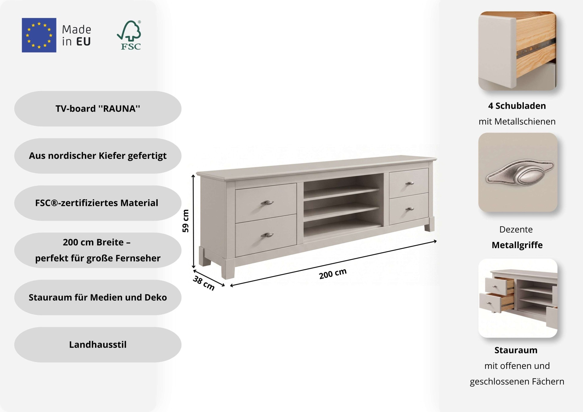 GOODproduct Table basse »Rauna, TV-Bank, TV-Kommode, Landhausstil« Largeur 200 cm, bois massif certifié FSC®, pin
