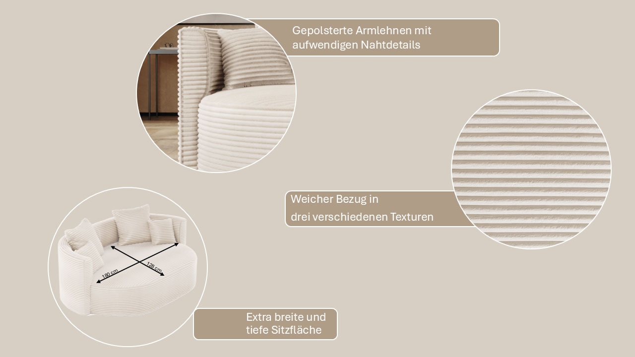 LeGer Home by Lena Gercke 2,5-Sitzer »ISALIE, rundes Loungesofa, mit Kissen, perfekt gepolstert«, moderne Stoffe, mit 4 Zierkissen, extra grosse Sitzfläche