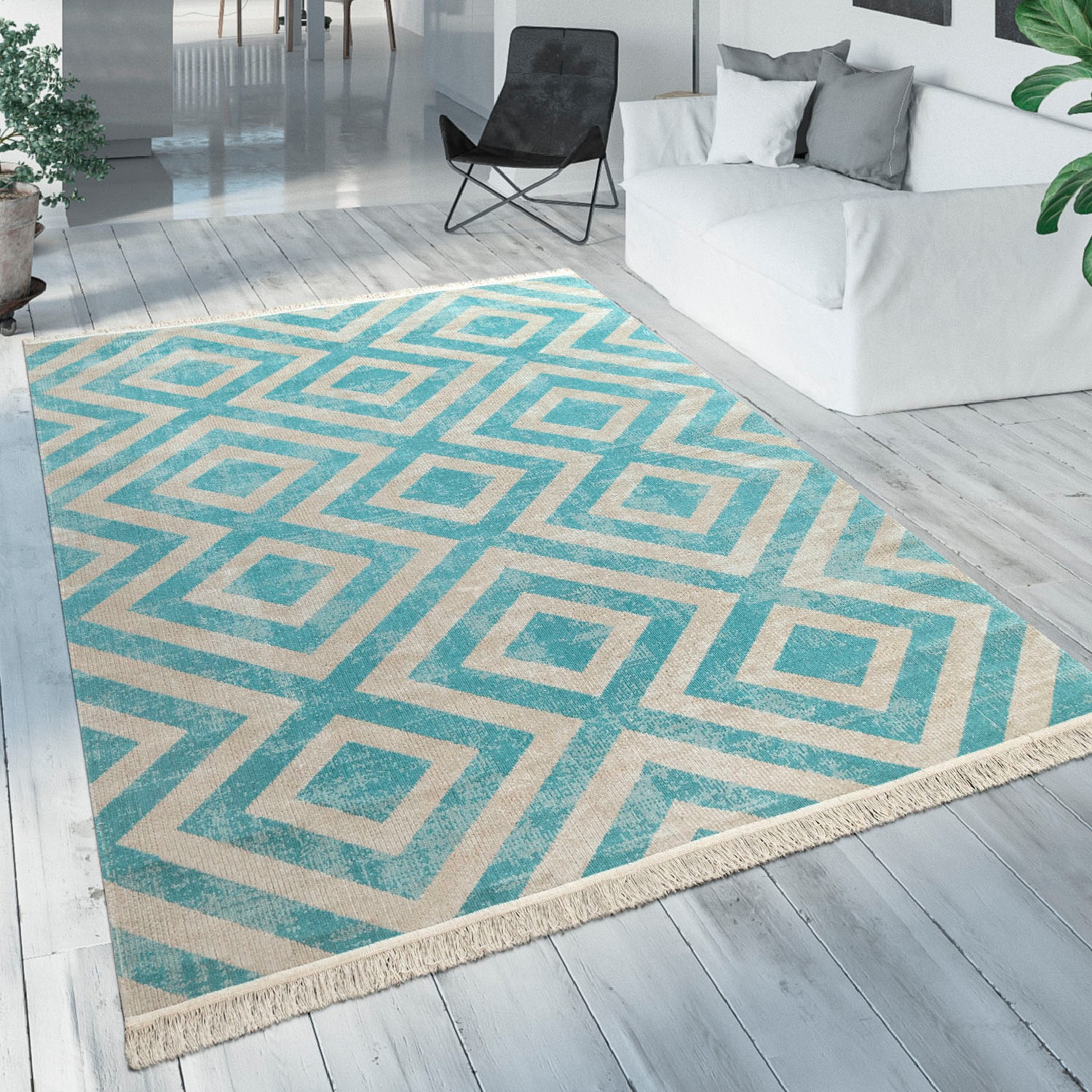 Image of Paco Home Teppich "Poco 821" rechteckig 6 mm Höhe Kurzflor, Rauten Design, mit Fransen, In- und Outdoor geeignet