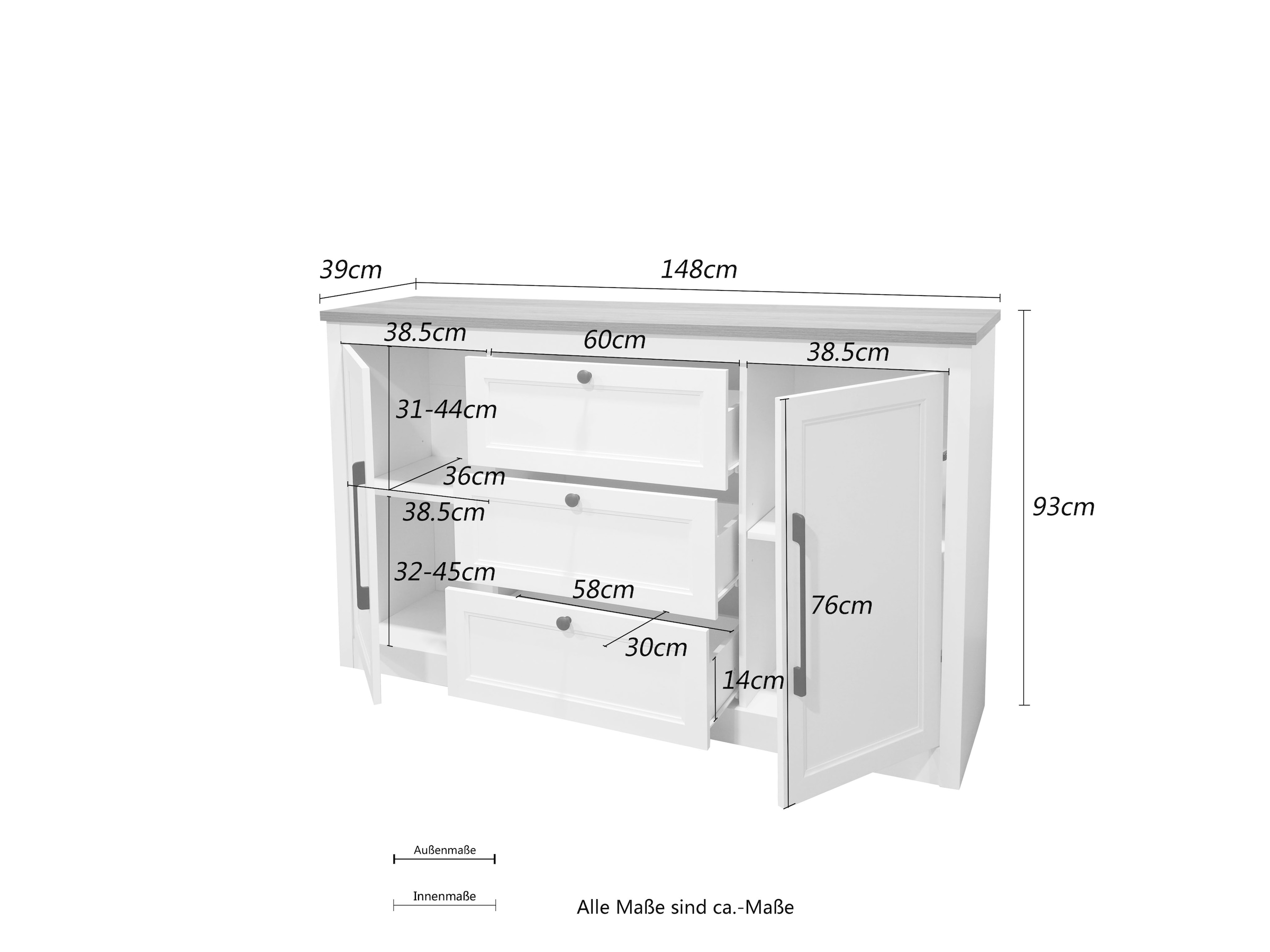 GOODproduct Sideboard »Ismund« aus MDF, mit Holz-Zierleiste, schwarzen Metallgriffen, Höhe 93 cm