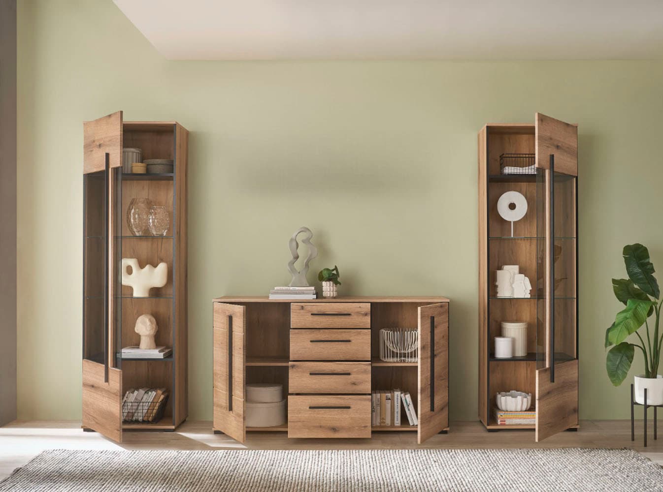 INOSIGN Wohnwand »Cantara, moderne Anbauwand, Wohnzimmer-Set, in Eiche Evoke oder Weiss«, (Set), enthält zwei Vitrinen und ein Sideboard