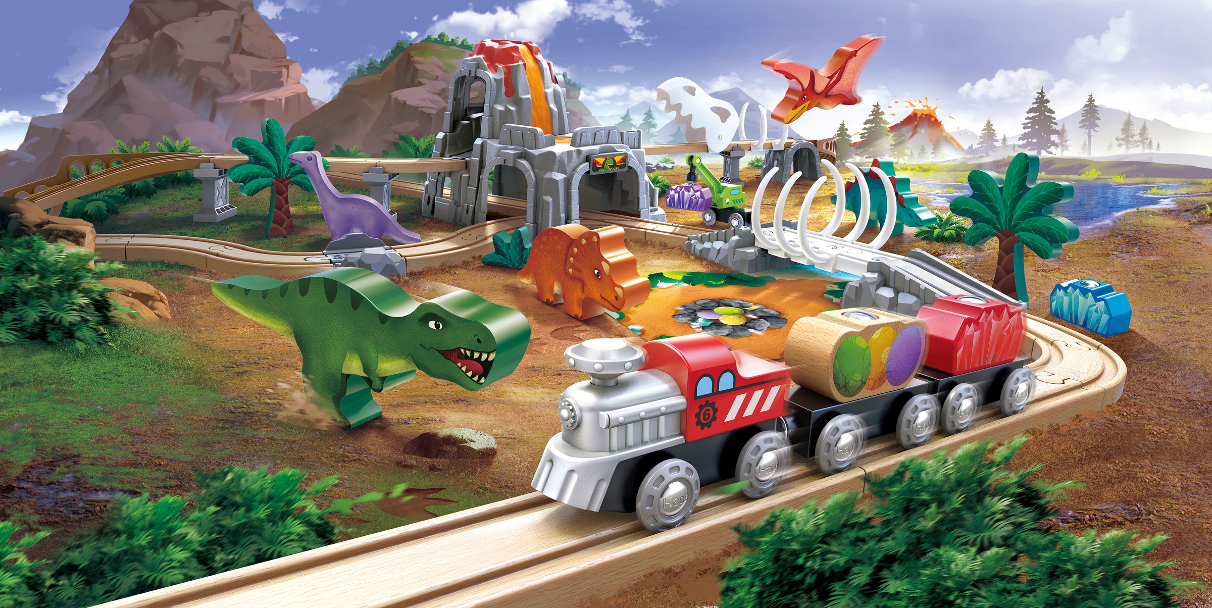 Hape Train jouet »Dino-Eisenbahn-Abenteuer« avec fonction lumière et son