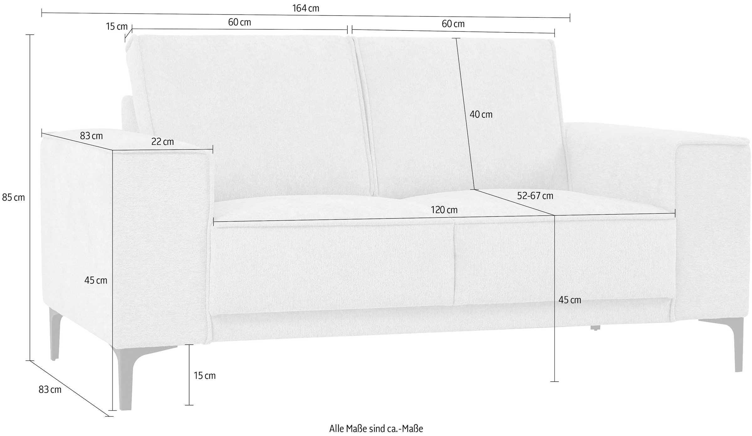 Places of Style 2-Sitzer »Kompaktsofa Oland, Struktur, Flachgewebe, Luxus-Microfaser, Boucle«, 164 cm, Wellenunterfederung, Skandi-Design, Metallfüsse